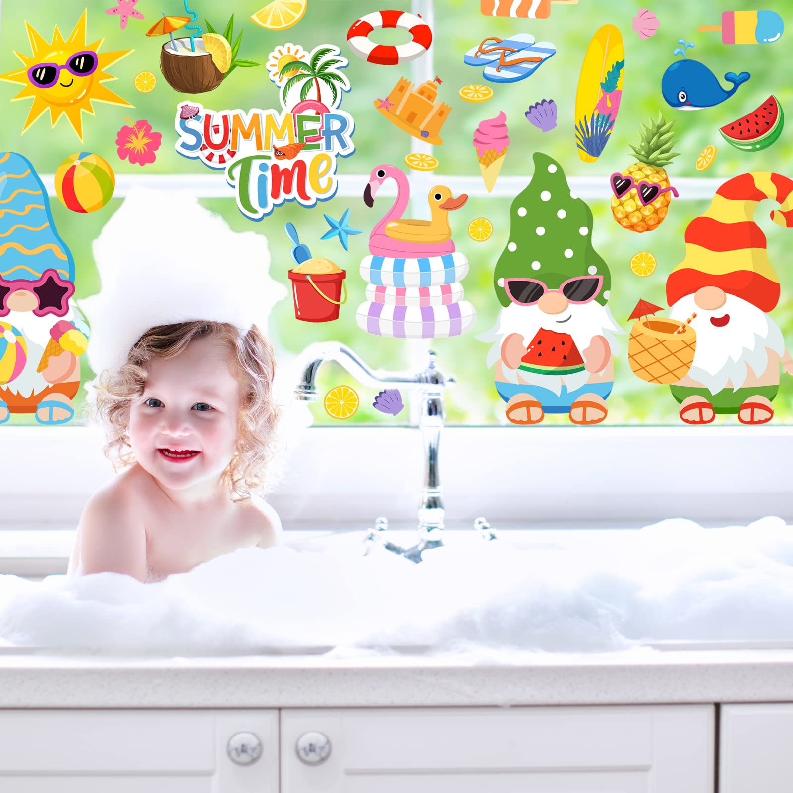 Summer Window Clings — 9 Sheets With Gnome, Ice Lolly, Sun Designs | Double-Sided PVC Stickers For Home & Classroom
