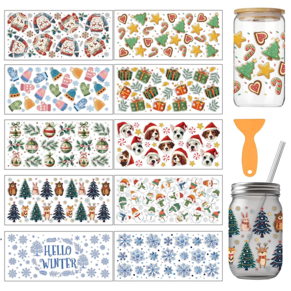 arricraft 10 Sheets Christmas Theme UV DTF Cup Wrap for 16OZ Glass, Christmas Sweater Gloves Tree Snowflake Animals Rub on Decals PVC Transfer Stickers for DIY Cups Wood Funiture Christmas Supplies