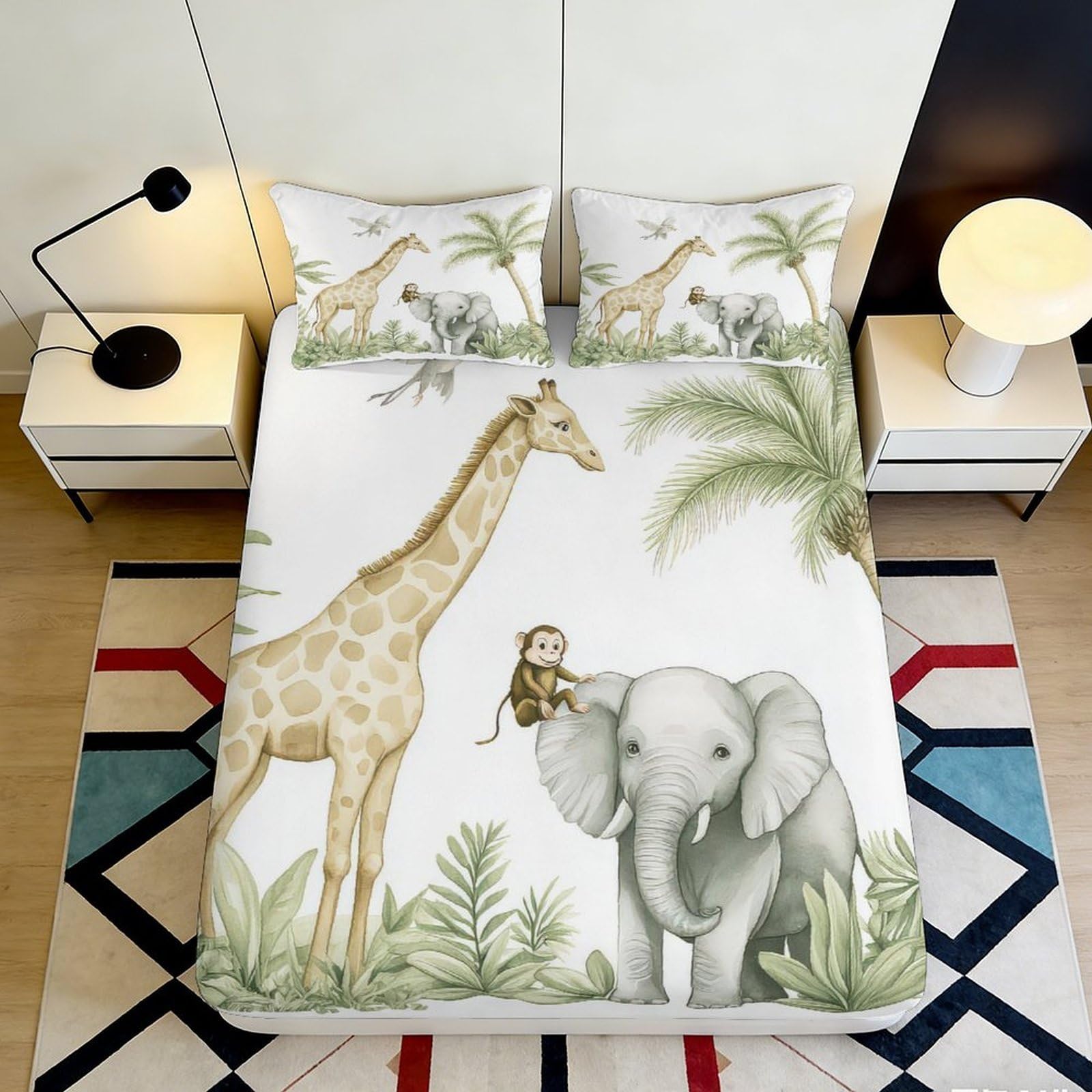 3D Printed Jungle Safari Animal Fitted Sheet Microfiber Soft Giraffe Elephant Mattress Cover Anti-Slip Machine Washable for Bedroom Guest Room Decor 117 200x200x25cm