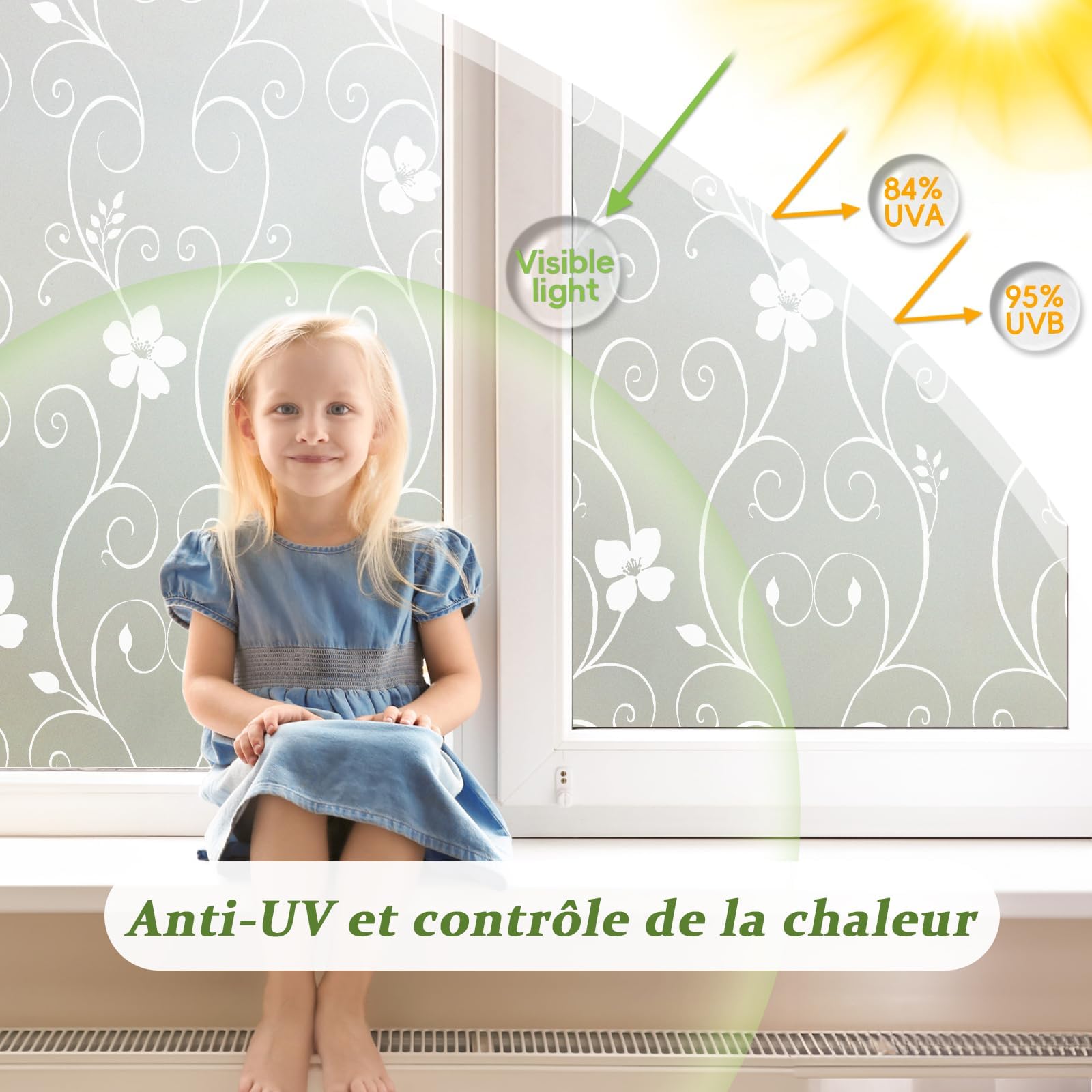 Qualsen Film Fenetre Anti Regard Motif Floral, Fleur Blanche, 90 x 300cm | Brise Vue Fenêtre, Opaque Film Electrostatique Vitre Non Adhésif, Anti-UV Décoratif pour Maison Bureau Cuisine