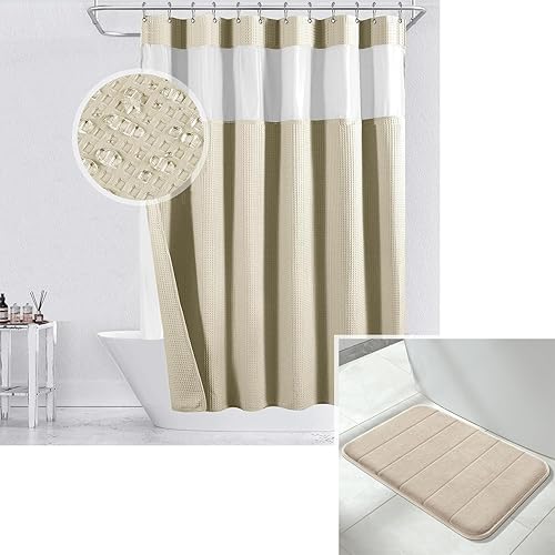 Yimobra Juego de tapete de baño de espuma viscoelástica y cortina de ducha Yimobra con forro de tela a presión, tela pesada con 12 ganchos