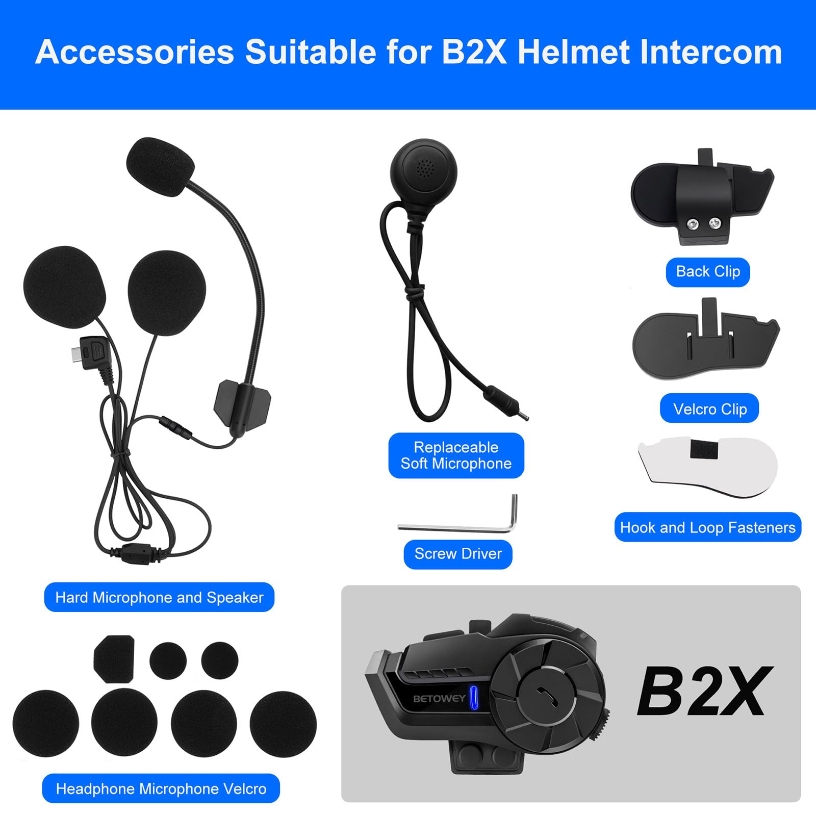 Kit Microfono e Altoparlanti per Casco da Moto con Accessori di Montaggio B2X Interfono Moto – Include Microfono Morbido e Rigido