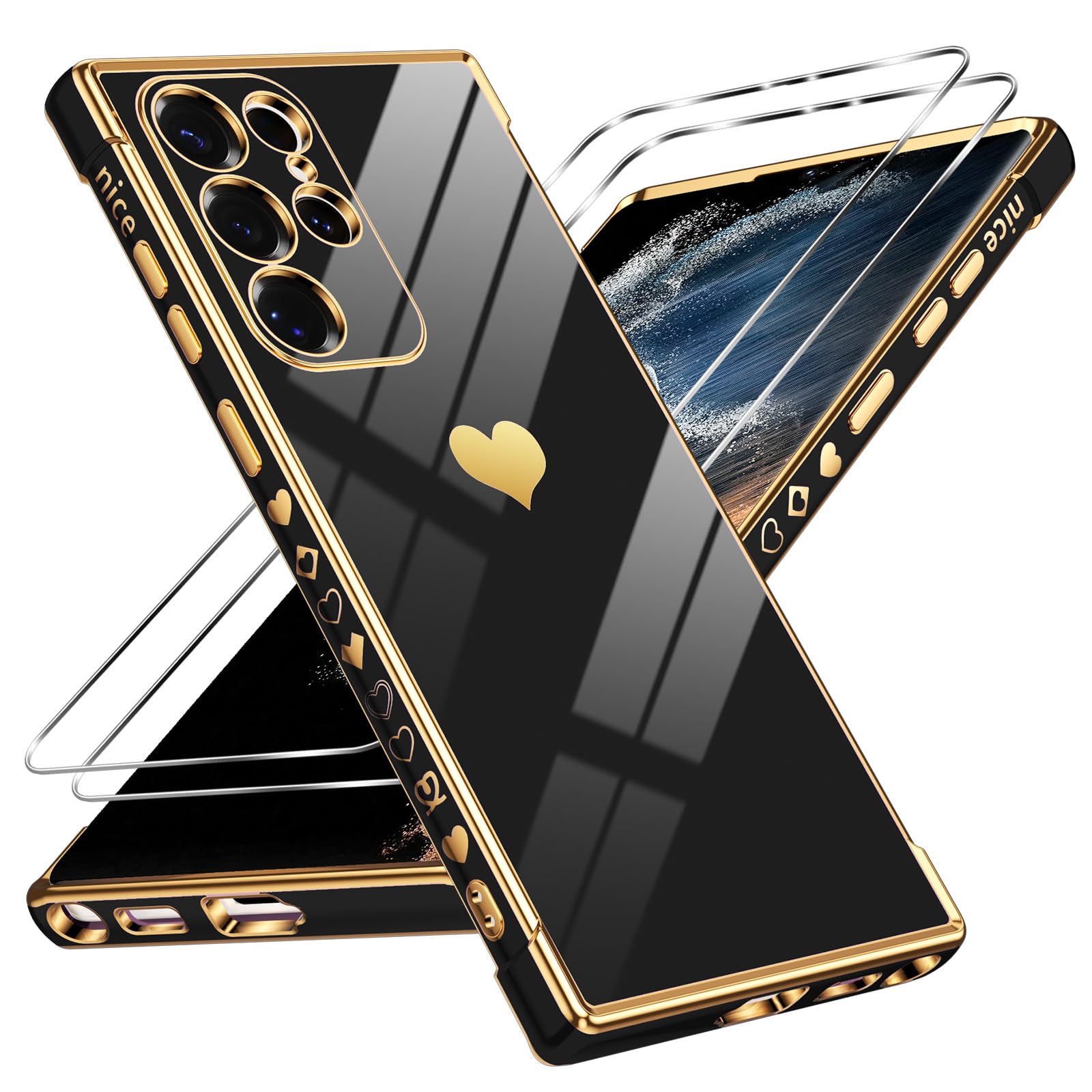 Cinysnt for Samsung Galaxy S22 Ultra 5G Phone Case 6.8" with 2 Pack Screen Protector, Cute Love Heart Luxury Plating Women Girly Case Shockproof Soft