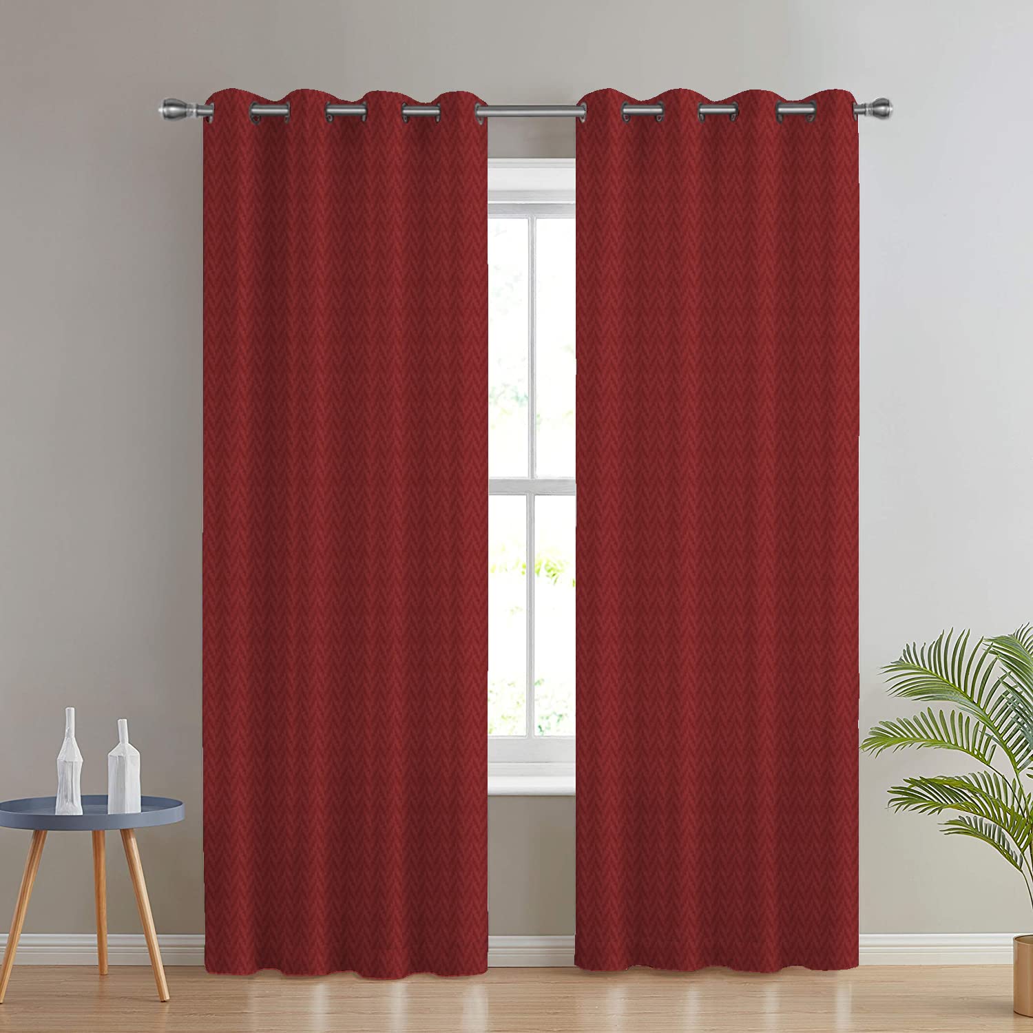 Divine Casa Zig Zag Design Lightweight Polyester Door Curtain with Metal Grommet for Home D?cor, Set of 2 (7 Feet, Maroon)