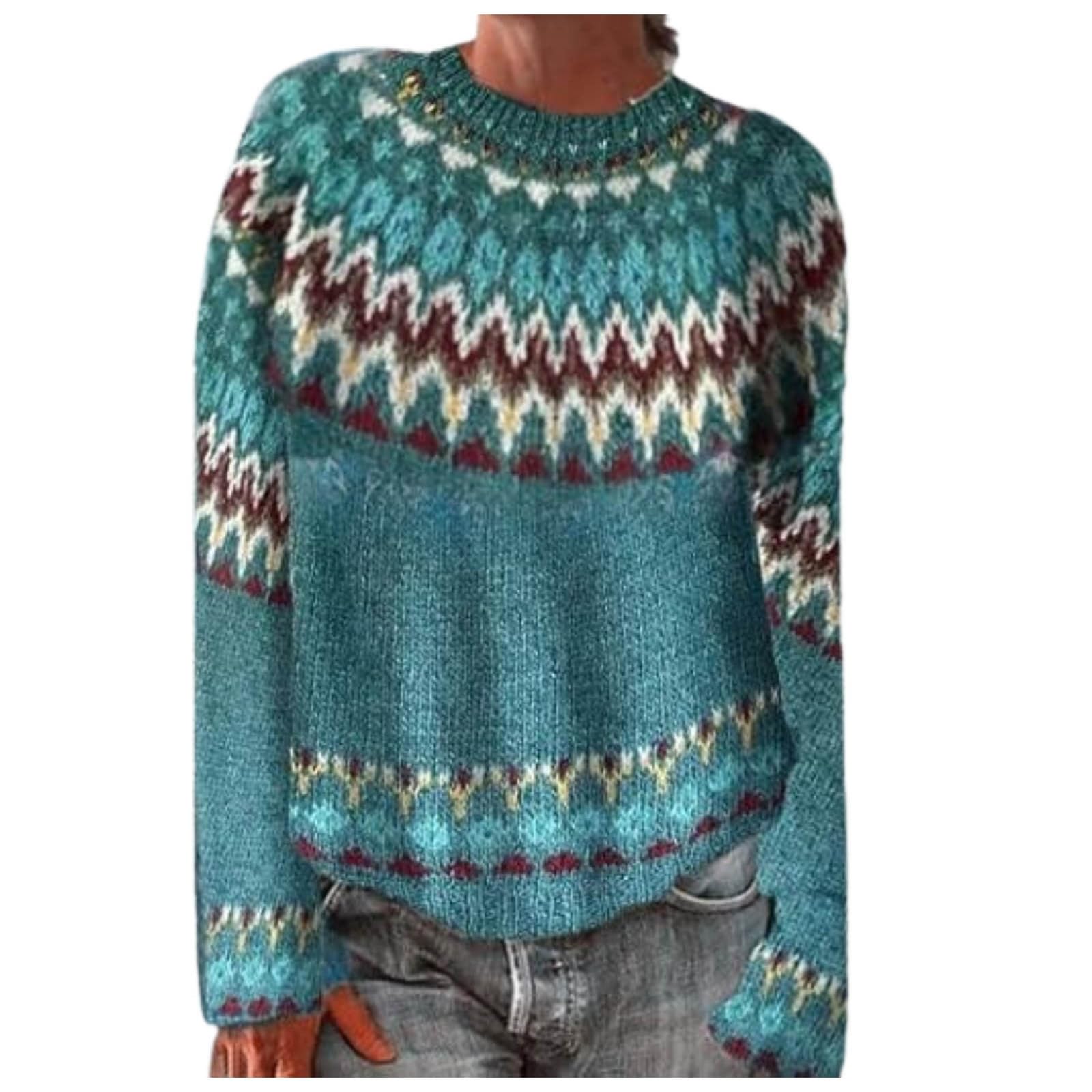 Vintage Fair Isle Sweater Womens Fall Winter Casual Loose Colorful Striped Roundneck Long Sleeve Knit Pullover Tops