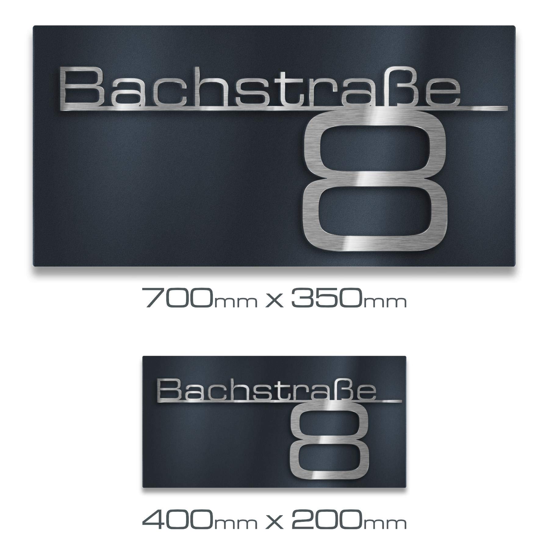 Metzler Hausnummer, Schriftzug aus Edelstahl, individuelles Hausnummernschild in Anthrazit (RAL 7016), Straßenschild mit Hausnummer, massiv & gebürstet, 3D-Effekt, Made in Germany, Größe: 40 x 20 cm