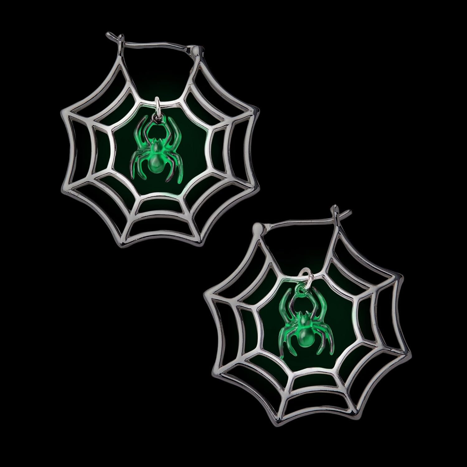 Alex and Ani Glow in the Dark Earrings for Women - Spider Web Hoop Design, Halloween Jewelry, Spooky Light Up Fun Earrings, Captivating Black Spider Focal Point
