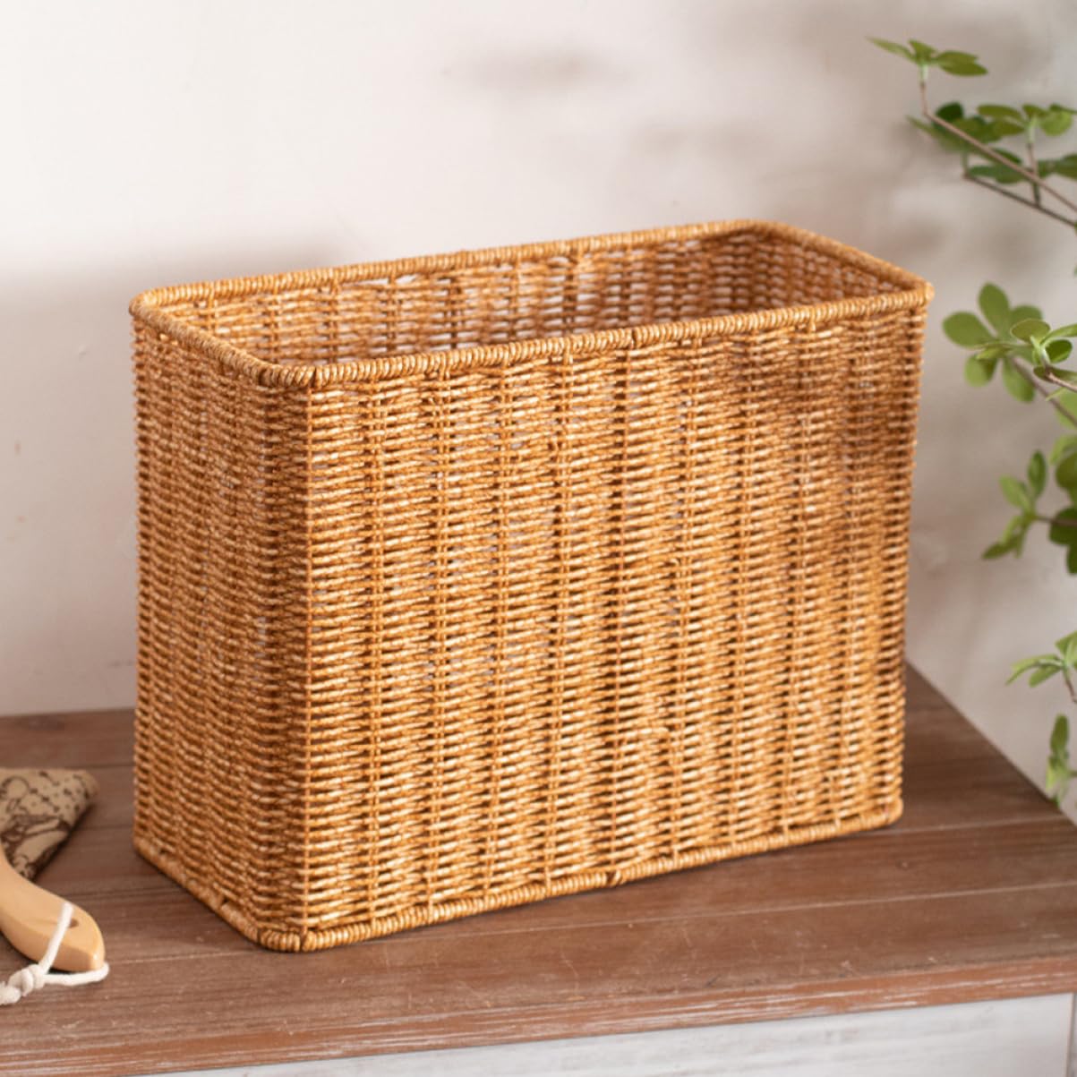 Cesta de Ratán Sintético Alta y Estrecha de Plástico para Almacenamiento | Color Caqui, Almacenamiento de Escritorio, Resistencia a Roturas, Diseño Rústico y Sencillo