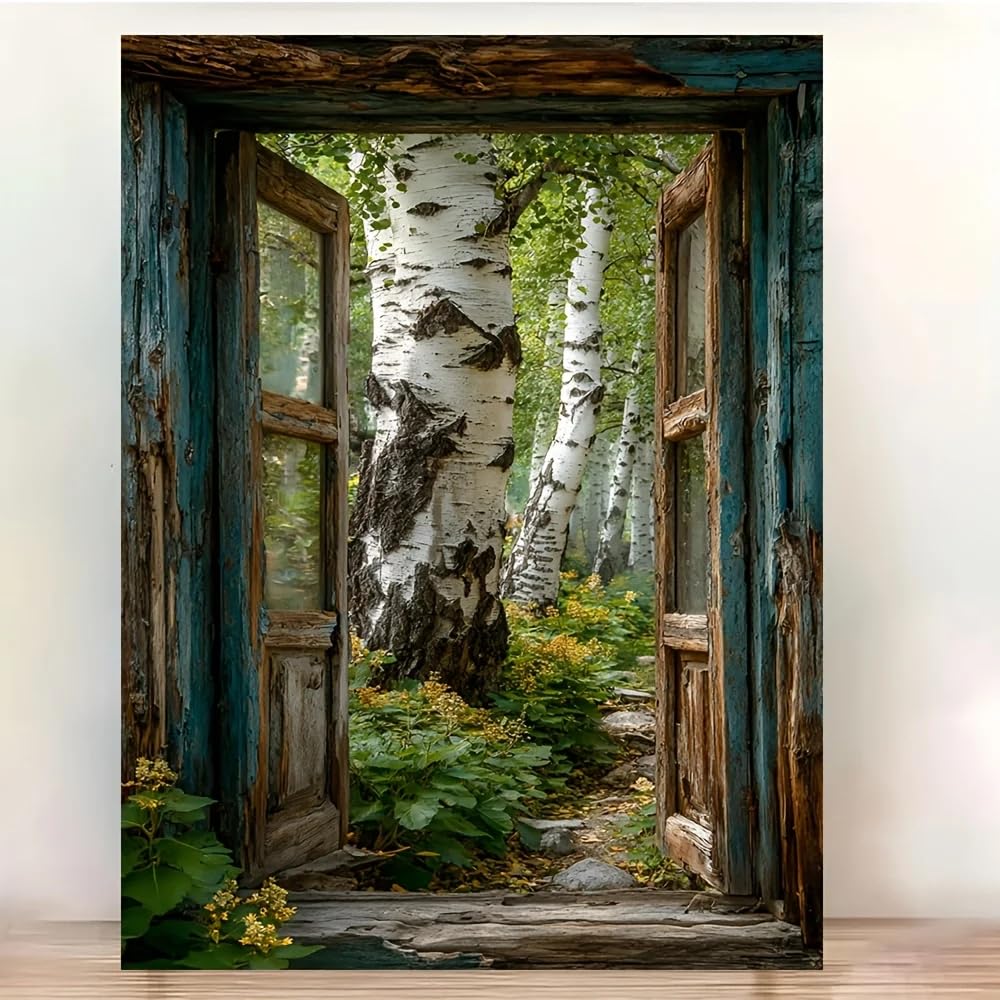 LTjiajuypd Canvas Print Art Old Birch Forest Trees Window View Style Modern Home Decor(60x80CM/Frameless)