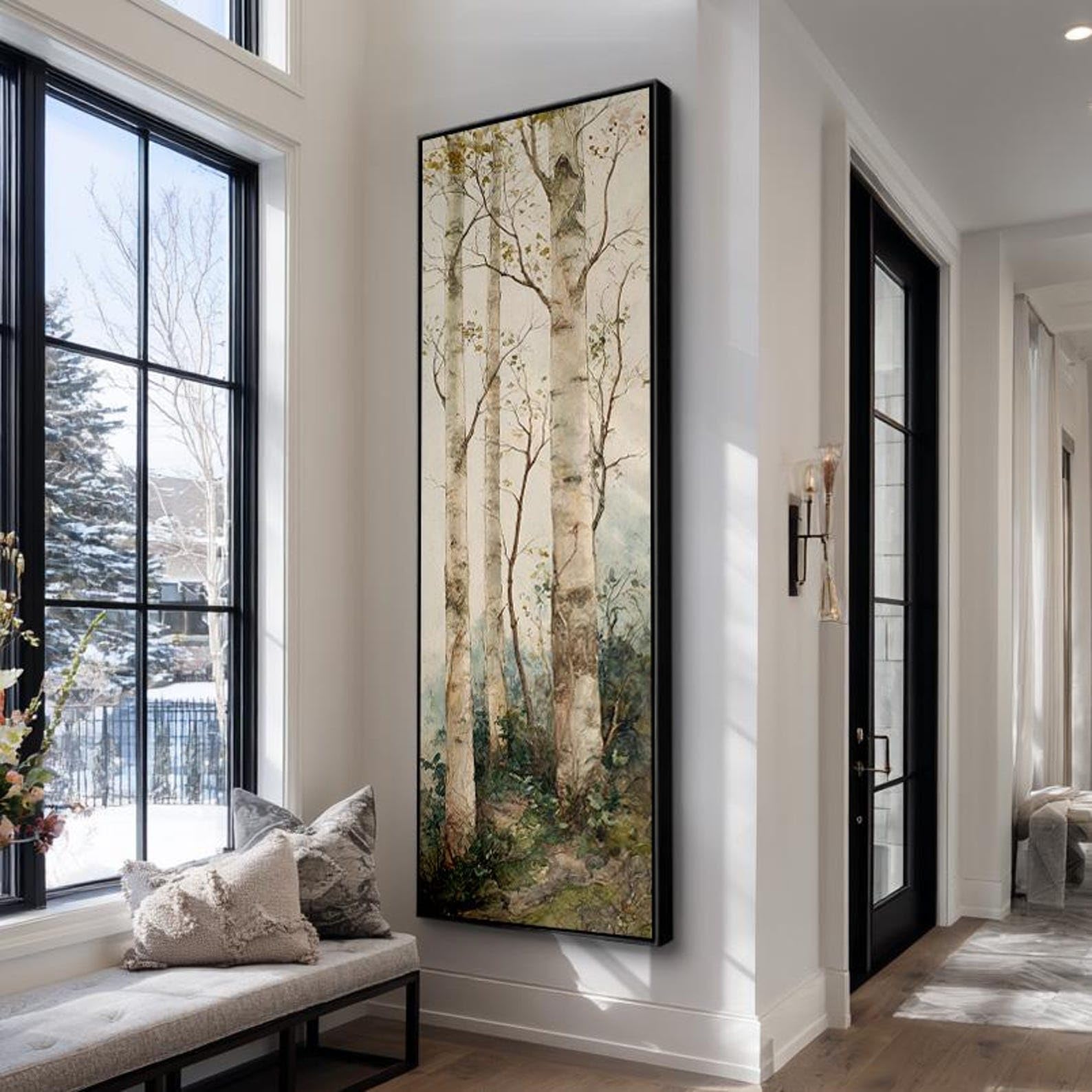 XBTYKPB Tall Narrow Canvas Painting, Vertical Birch Tree Decor, Framed Artwork, Modern Landscape Nature Scene Room Decor Canvas(60x180cm/Frameless)
