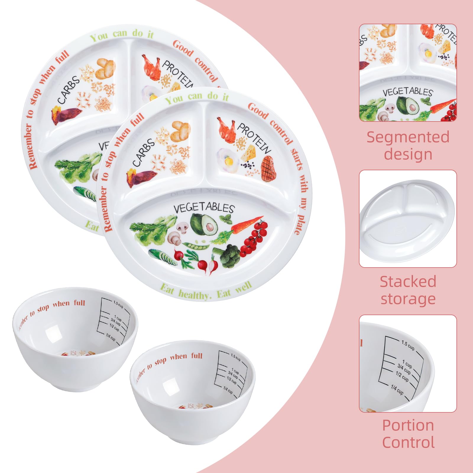 Lot de 4 assiettes de contrôle des portions pour une alimentation équilibrée – Assiette de nutrition saine pour adultes et adolescents – Séparateurs en mélamine, parfaits pour une alimentation