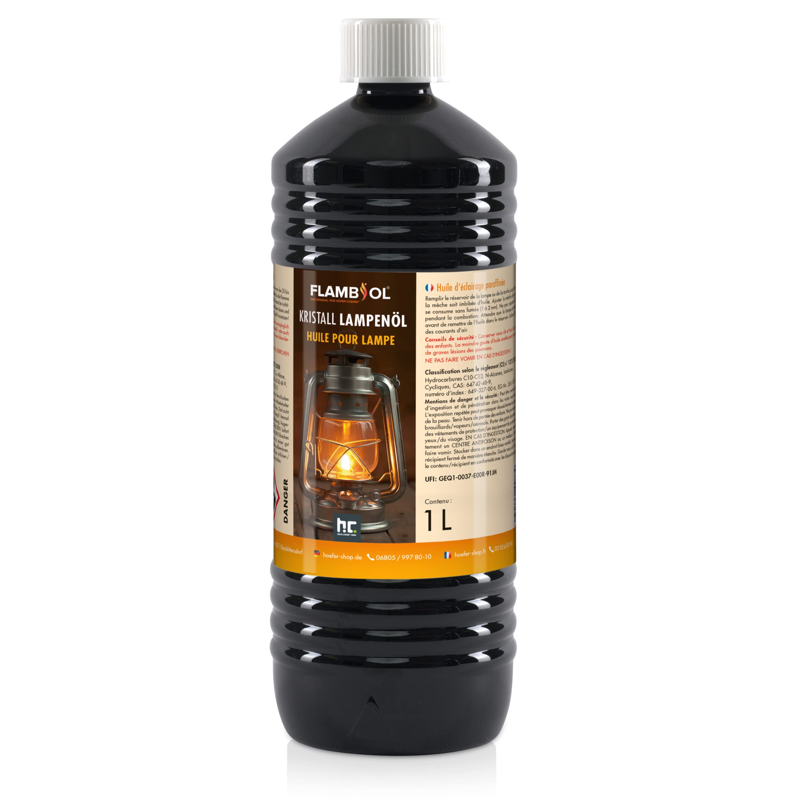 Höfer Chemie 1 Liter FLAMBIOL® Lampenöl hochrein geeignet für Öl-Lampen, Petroleum Lampen, Gartenfackeln & Sturmlaternen - Geruchlos, Rußfrei & mit Kindersicherheitsverschluß