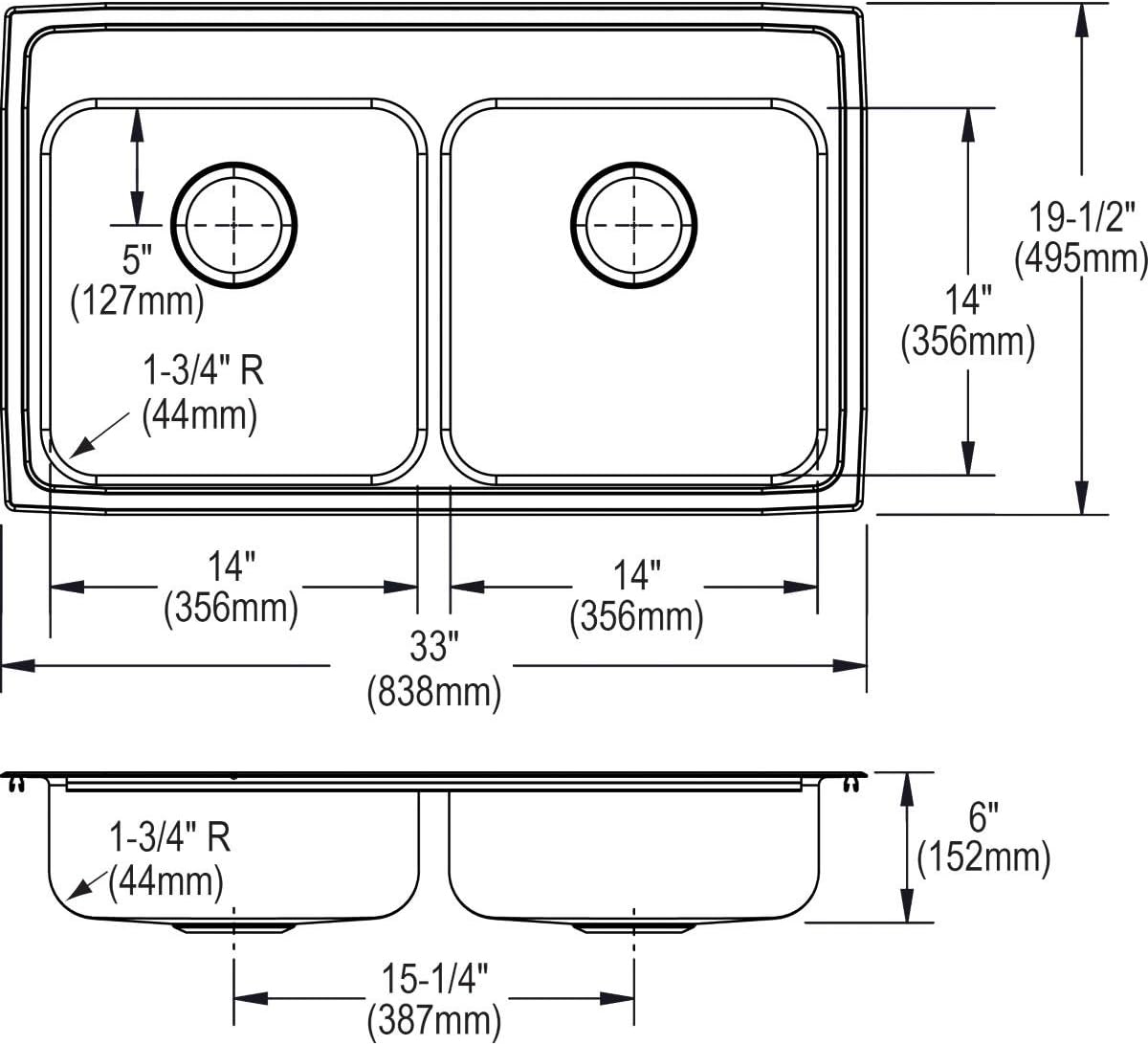 Elkay Lustertone Classic LRAD3319604 Stainless Steel Equal Double Bowl Drop-in ADA Sink