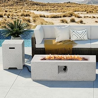 COSIEST 2-Piece Outdoor Propane Fire Pit Table Set w Tank Table, 42-inch Terrazzo Rectangle Fire Table (50,000 BTU) w 16 inches Tank Cozy Side Table 20lb, Waterproof Cover for Garden, Pool, Backyard