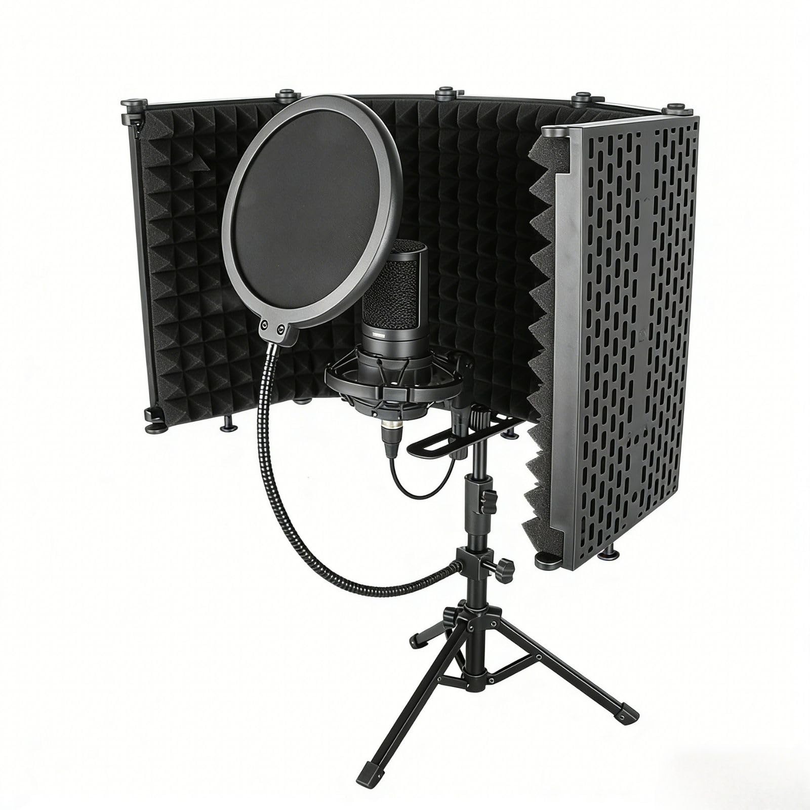 Scudo isolante per microfono, 5 pannelli con filtro pop e treppiede, schiuma assorbente per filtrare la voce, per podcast, studio e la maggior parte delle apparecchiature di registrazione microfoni a
