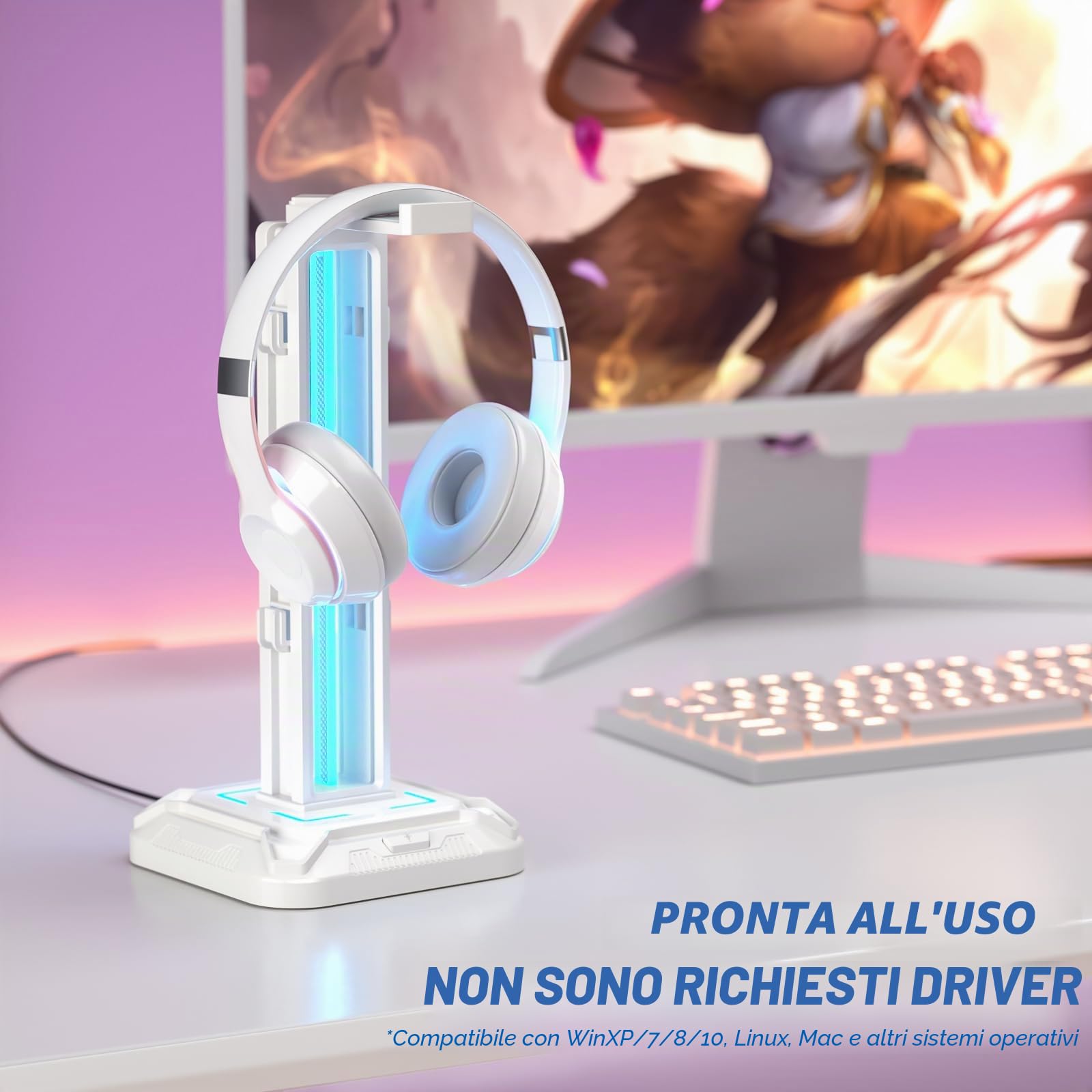 KDD Supporto Cuffie Gaming con 9 Modalità di Illuminazione - Porta Cuffie da Scrivania - Ruotabile Porta Controller & Staccabile Gancio Cuffie per Accessori Gaming Stanza PC Xbox PS5 PS4 (Bianco)