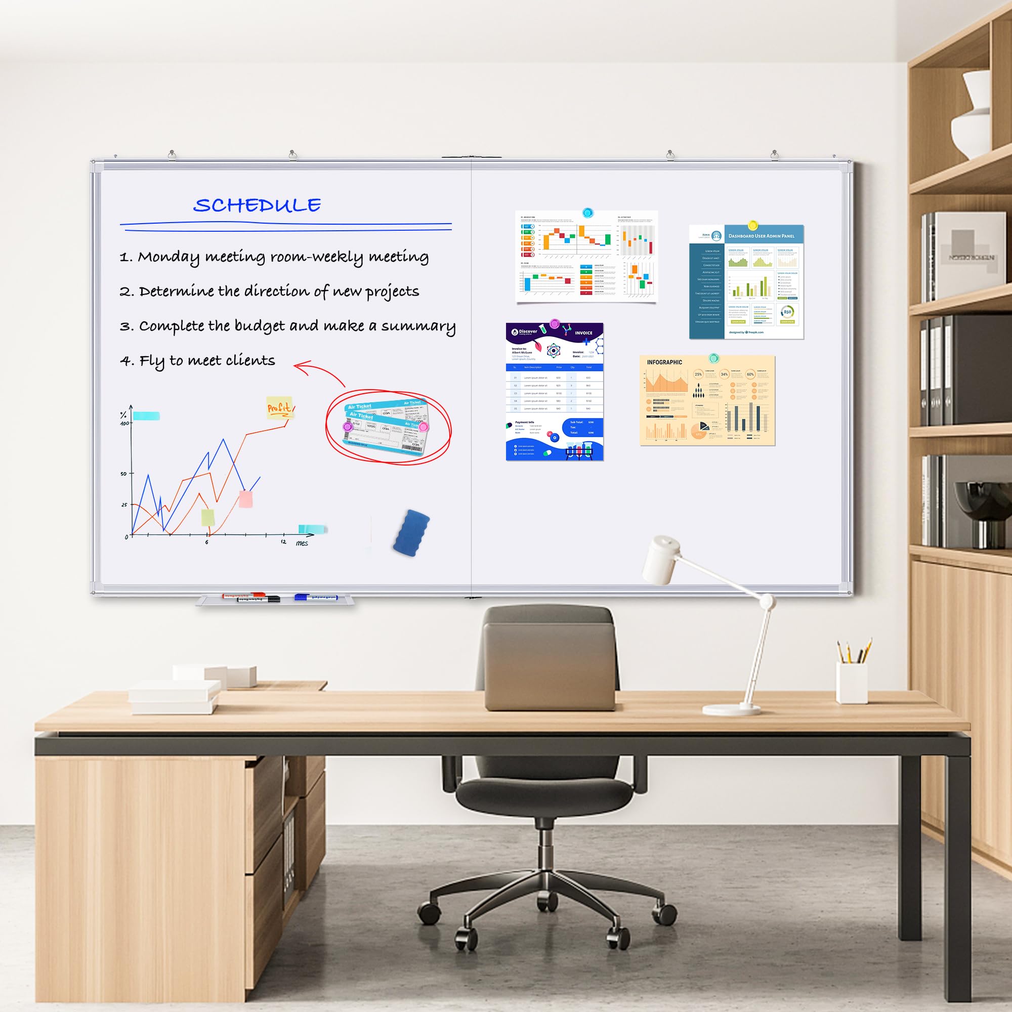 Large Whiteboard for Wall, maxtek 72 x 40 inches Magnetic Dry Erase Board, Wall-Mounted White Board Message Memo Marker Board  with Marker Tray 1 Eraser 3 Markers and 6 Magnets