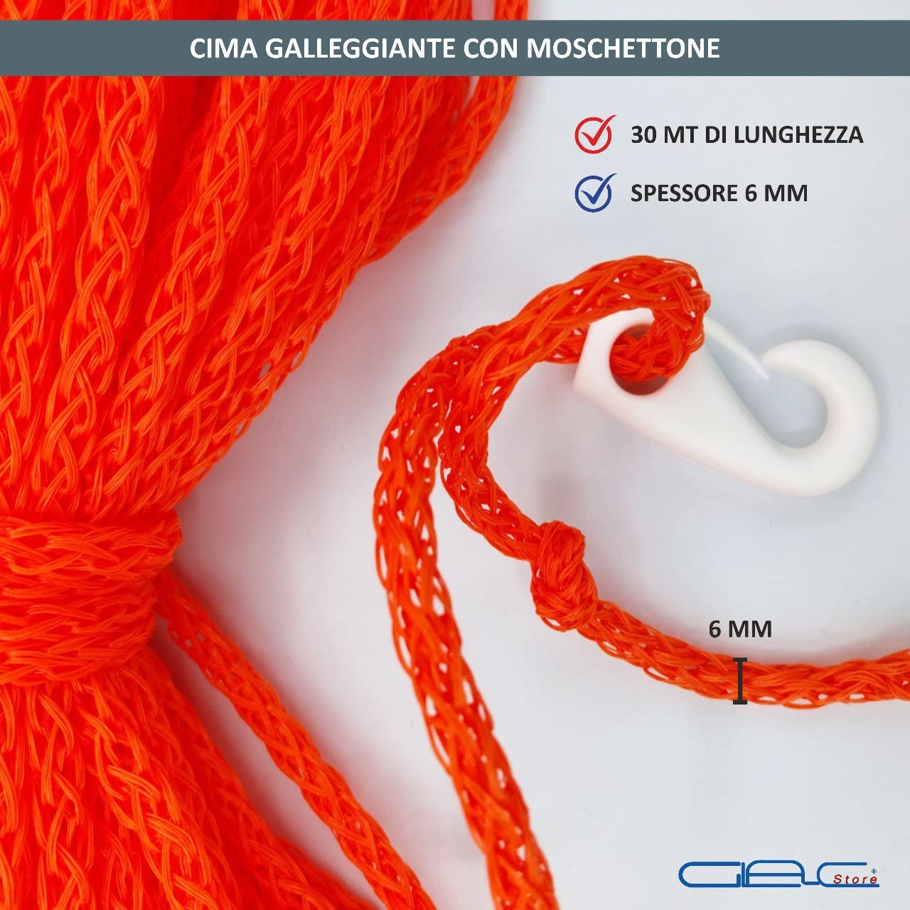 Cima Galleggiante Treccia da 6mm con Moschettone 30 Metri di Lunghezza Colore Arancione ideale per Salvagente Anulare Kayak SUP Board