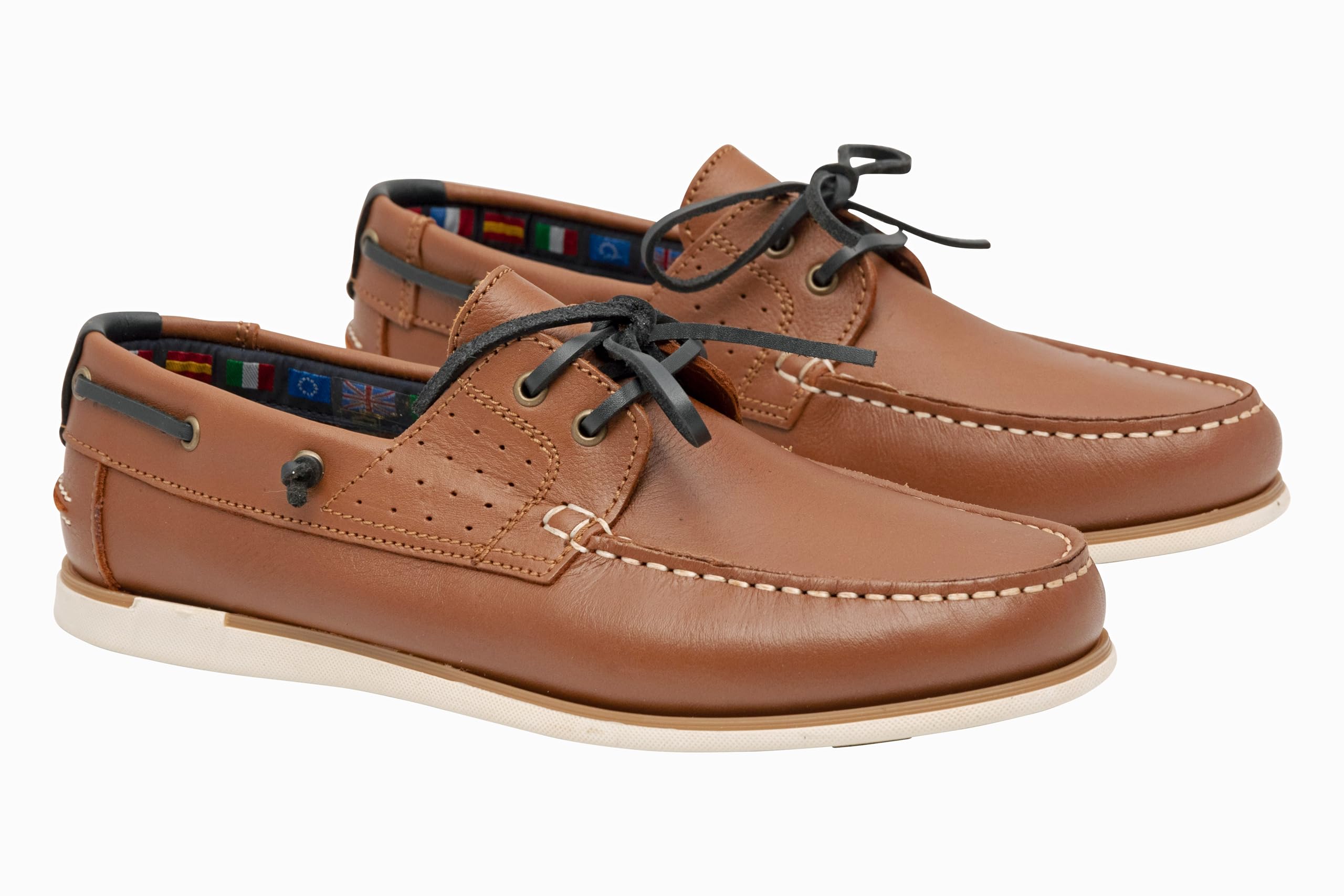 Chaussures bateau en cuir véritable pour homme Mocassins plats avec lacets en cuir en bleu foncé et marron 2 Eye Boat Shoes
