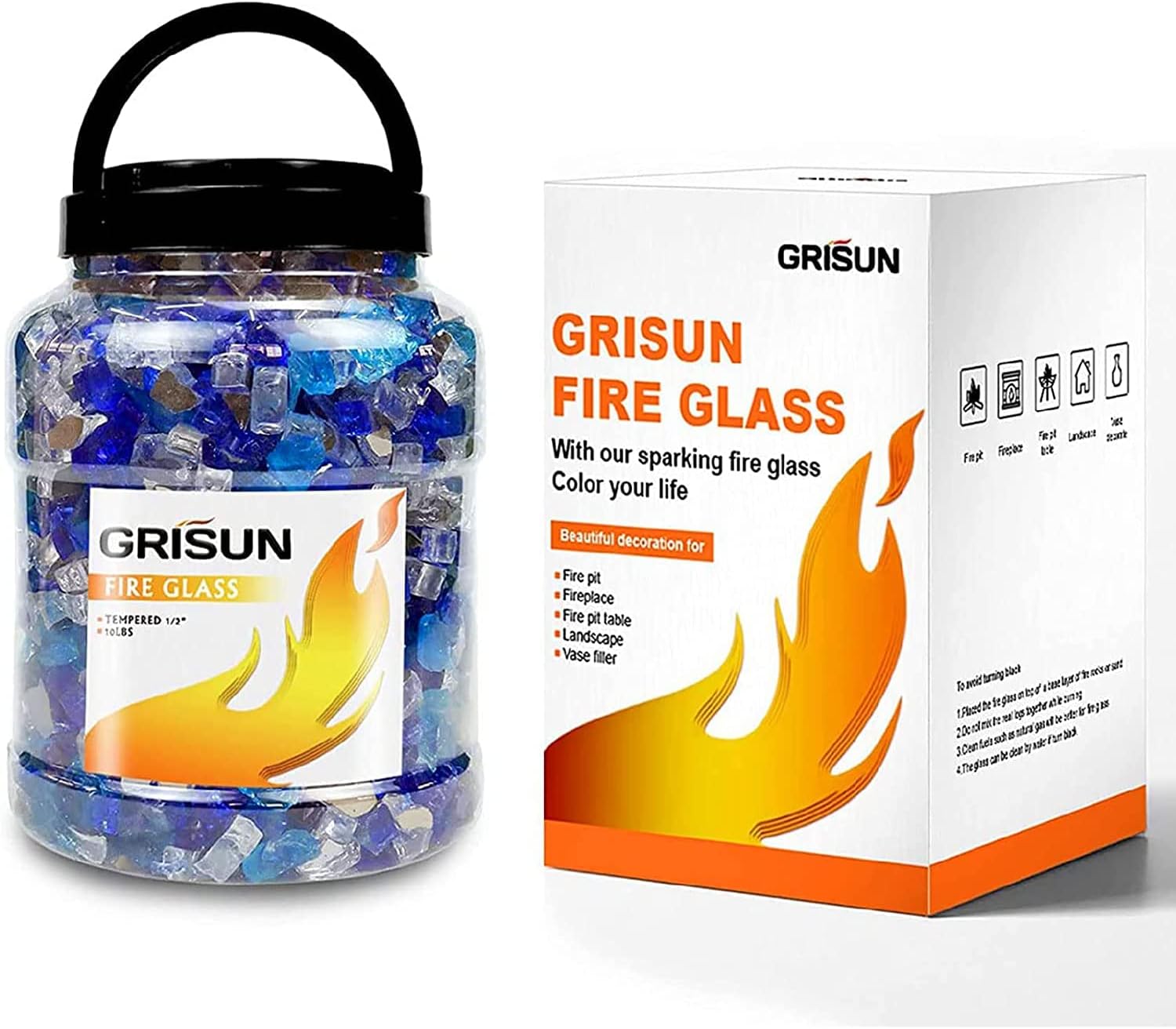 GRISUN 30 Pounds Bahama Blend Fire Glass for Fire Pit - 1/2 Inch High Luster Reflective Tempered Glass Rocks for Natural or Propane Fireplace, Safe for Outdoors and Indoors