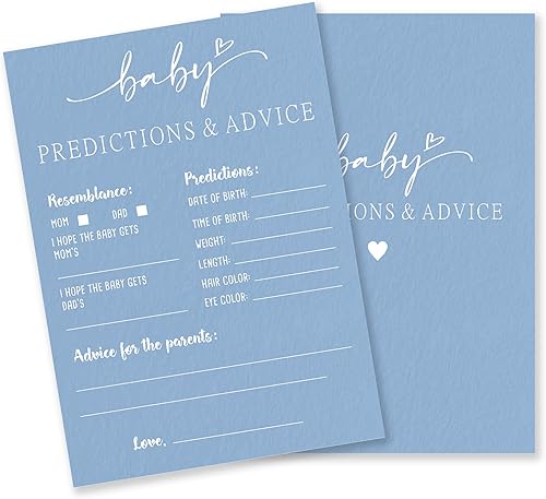 Kit de juego de predicciones y consejos para baby shower, minimalismo azul, 30 tarjetas de juego de relleno de doble cara para baby shower, recuerdo