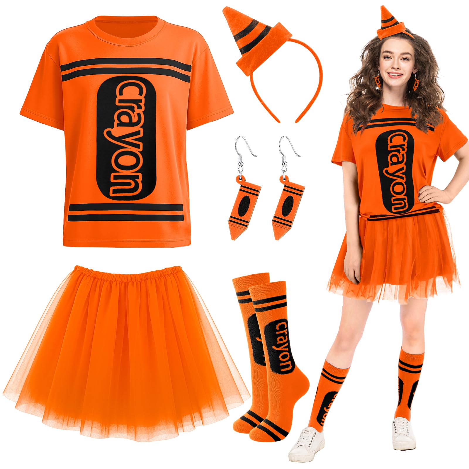 Newcotte 7 Pcs Halloween Crayon Costume Set with Crayon T Shirt Tutu Skirt Thigh High Stockings Wooden Earring(Orange)