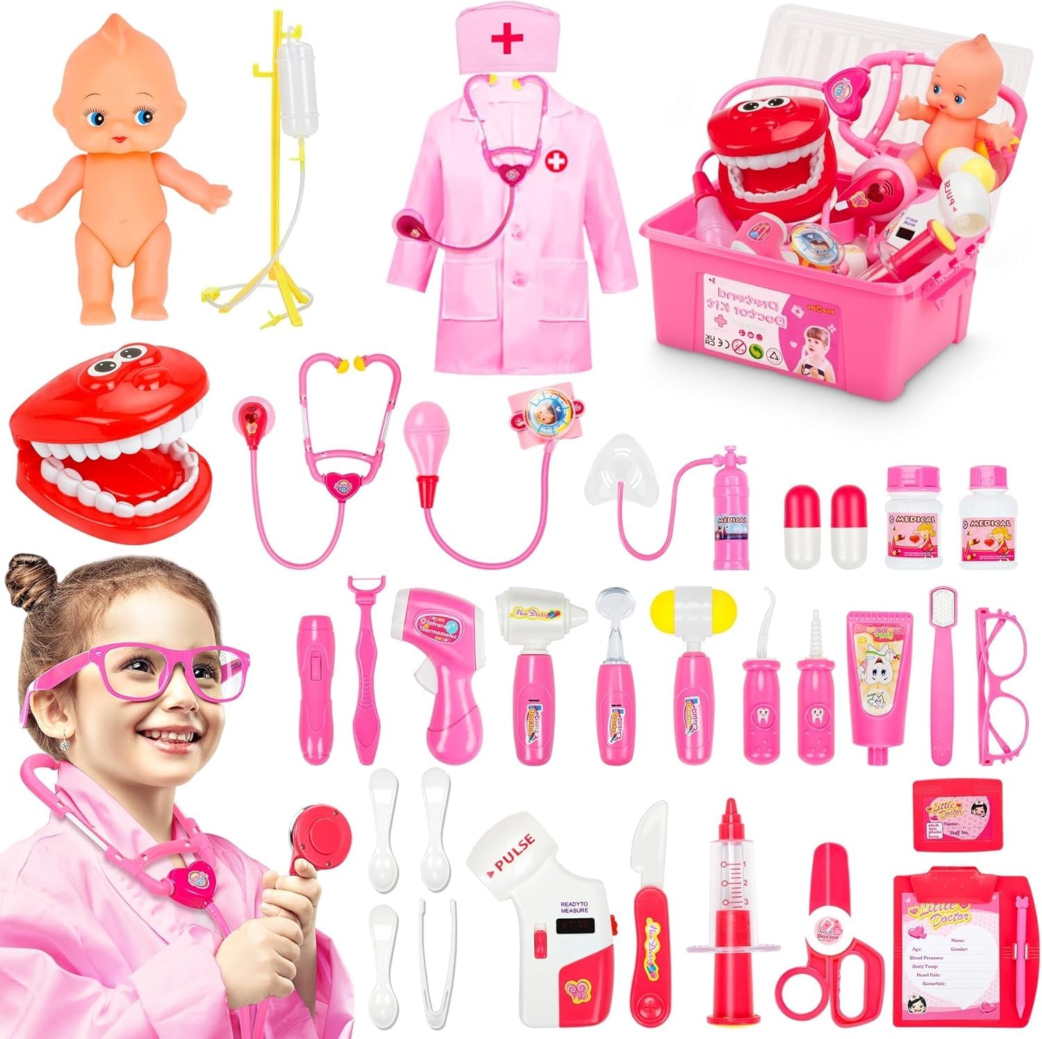 Malette Docteur Jouet Fivejoy - Valise Médecin 34 Pièces Avec Manteau Rose Et Accessoires Lumineux