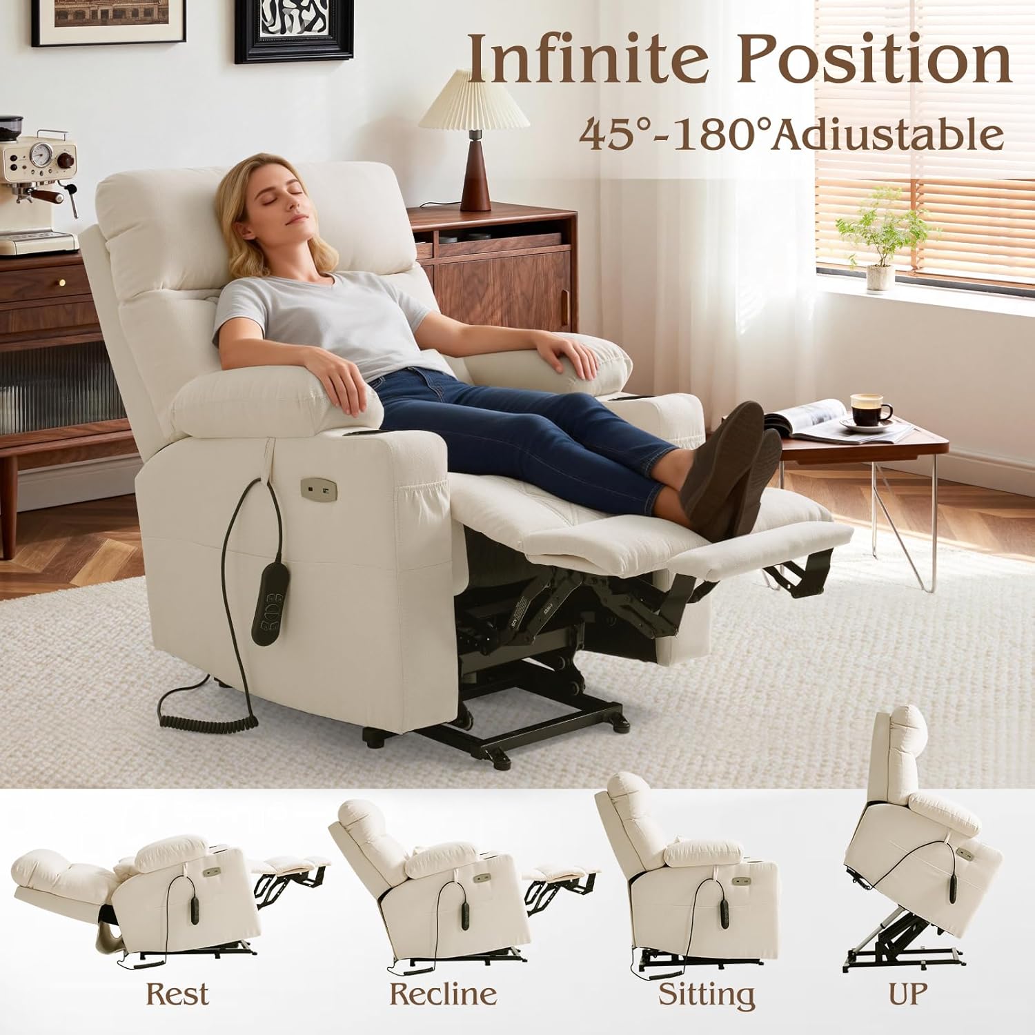 Power Lift Recliner Chair for Elderly with Extended Footrest, Infinite Position Lay Flat Recliner Chair for Adult W/Massage & Heating, Adjustable Headrest, 3-Motor Zero Gravity,Cup Holder, Fabric