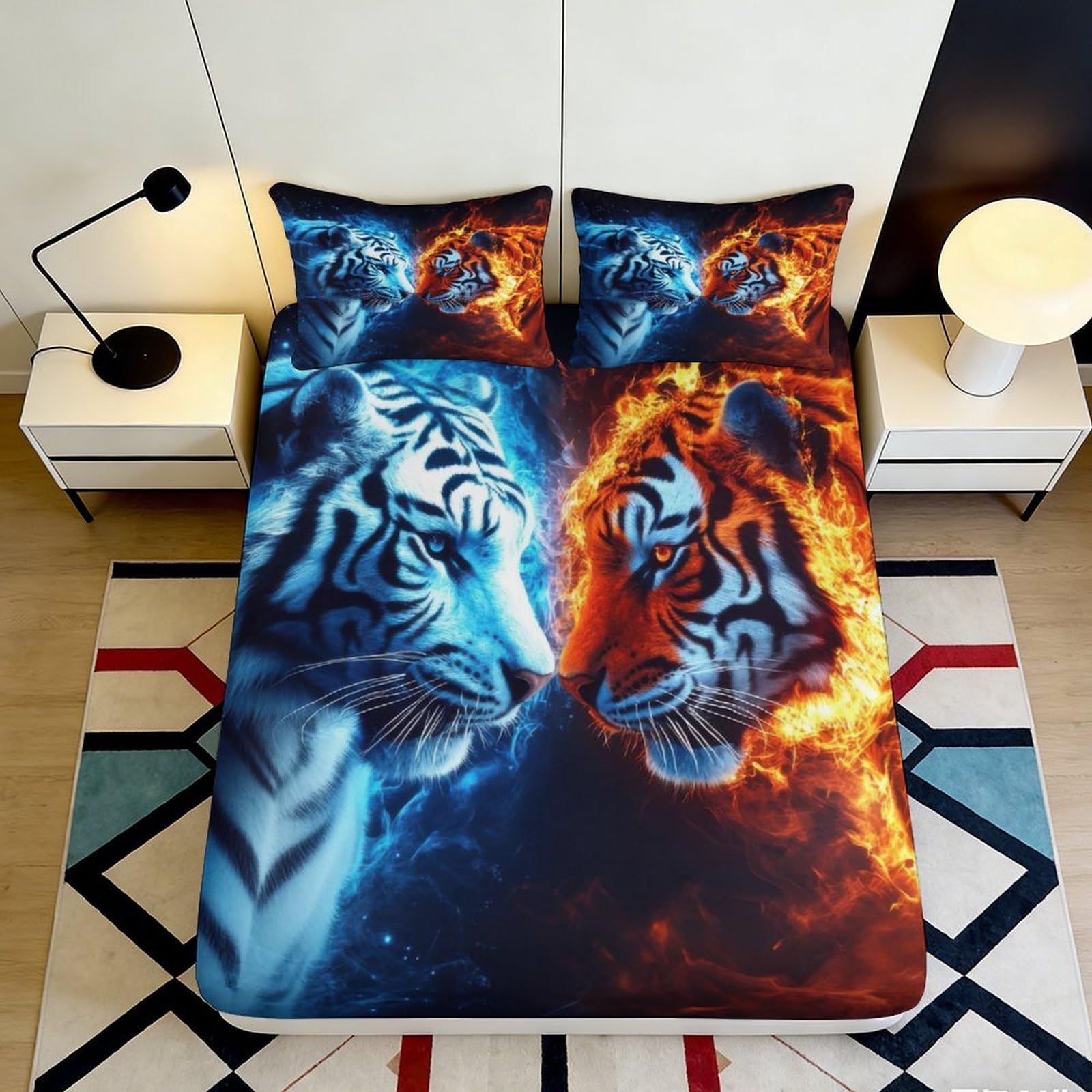 Tjiqhvmrn Style-5 3D Printed Ice Fire Tiger Fitted Sheet Microfiber Deep Pocket Non-Slip Bedroom Mattress Fitted Cover Full Wrap For Adults Teens 90X200x25cm