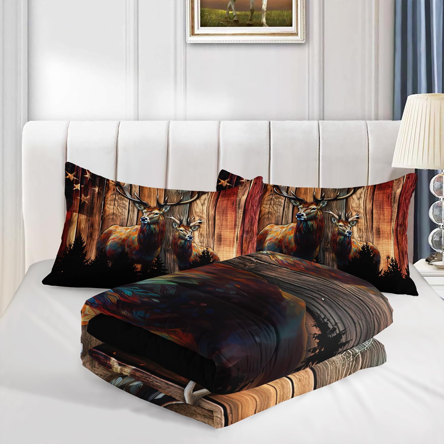Forest Deer Bedding American Flag Comforter Set,Hunting Themed Comforter Sets Full Size for Kids Boys Men Room Decor,Retro Rustic Bedding Comforter Sets with 2 Pillowcases. - Image 4