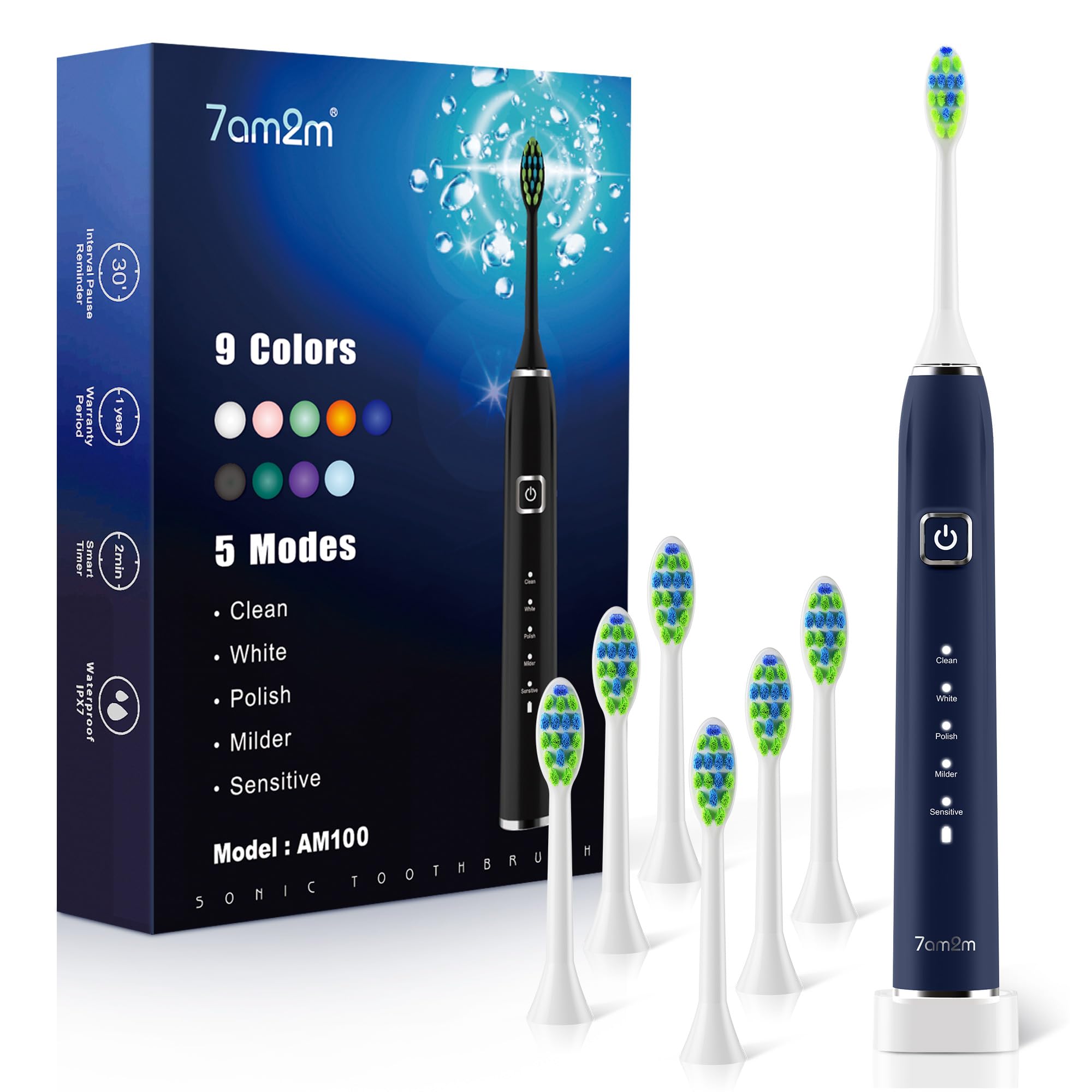 7AM2M Sonic Electric Toothbrush with 6 Brush Heads for Adults and Kids One Charge for 120 Days Wireless
