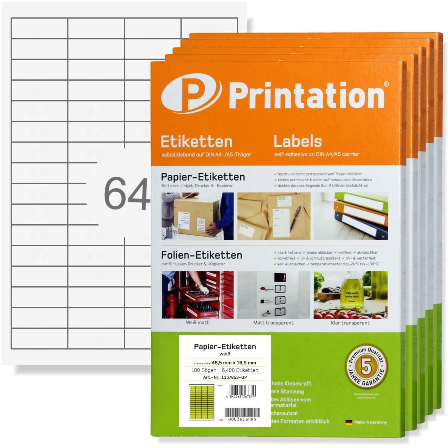 Printation Etiketten 48,5 x 16,9 mm - 32000 Labels blanko weiß selbstklebend bedruckbar - 500 A4 Bogen à 4x16 48,5x16,9 Sticker - 64 pro Blatt - Universal-Aufkleber BigPack 3667 4226 4271 4607