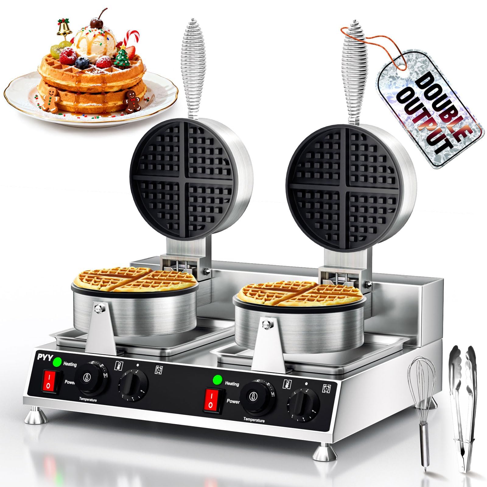 PYY Commercial Waffle Maker, Double-Head Round Waffle Baker Machine, 2500W Stainless Steel Non-Stick Electric Waffle Iron with Temp &amp; Timer Control, for Restaurant Bakery Snack Bar Café