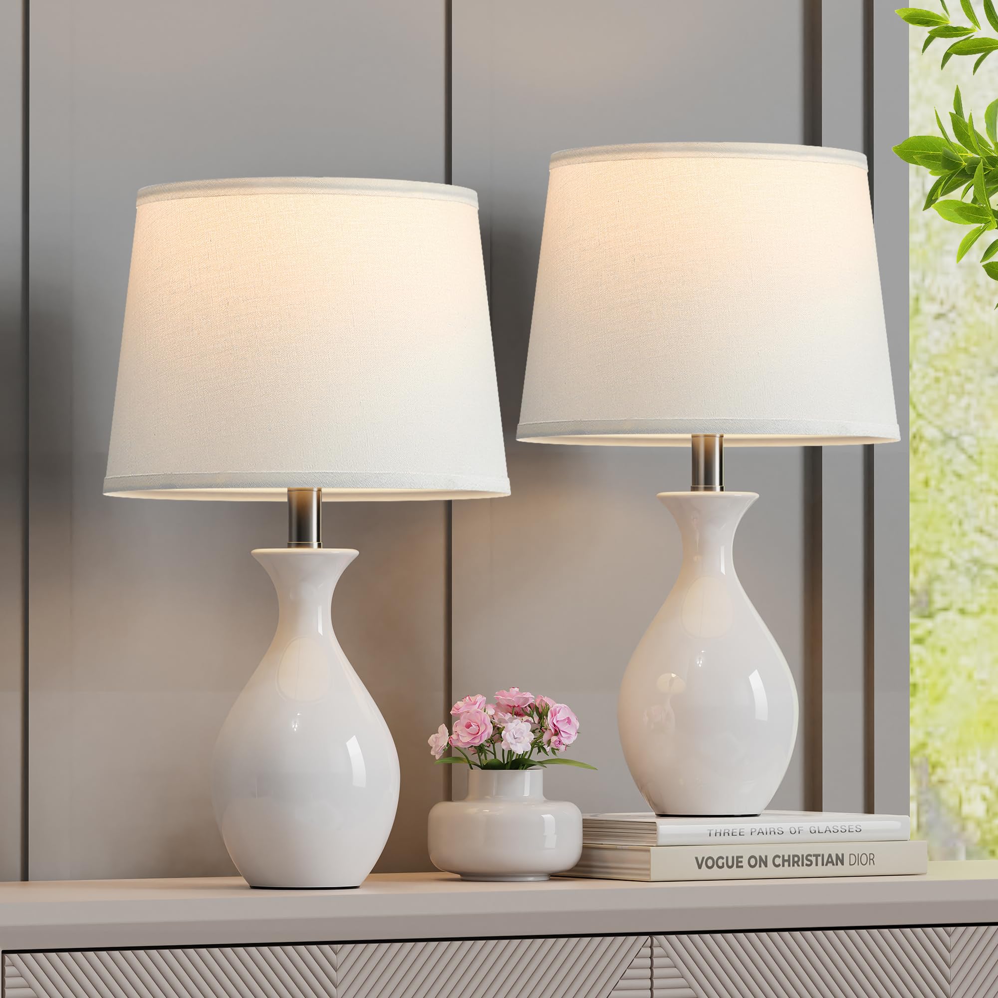 PARTPHONER Tischlampe 2er Set, Moderne Keramik Nachttischlampen für Nachttische, Klassische Kleine Lampe Nachttischlampe für Schlafzimmer Wohnzimmer Schreibtisch Beistelltisch Wippe Swtich Weiß