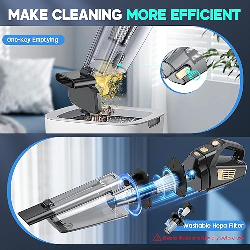 Miniatura 6 de Aspiradora de Mano Inalámbrica, 15000PA Succión Fuerte Aspiradora de Mano para Carro Portátil con Múltiples Boquillas y Filtro Lavable, Ligera Negro