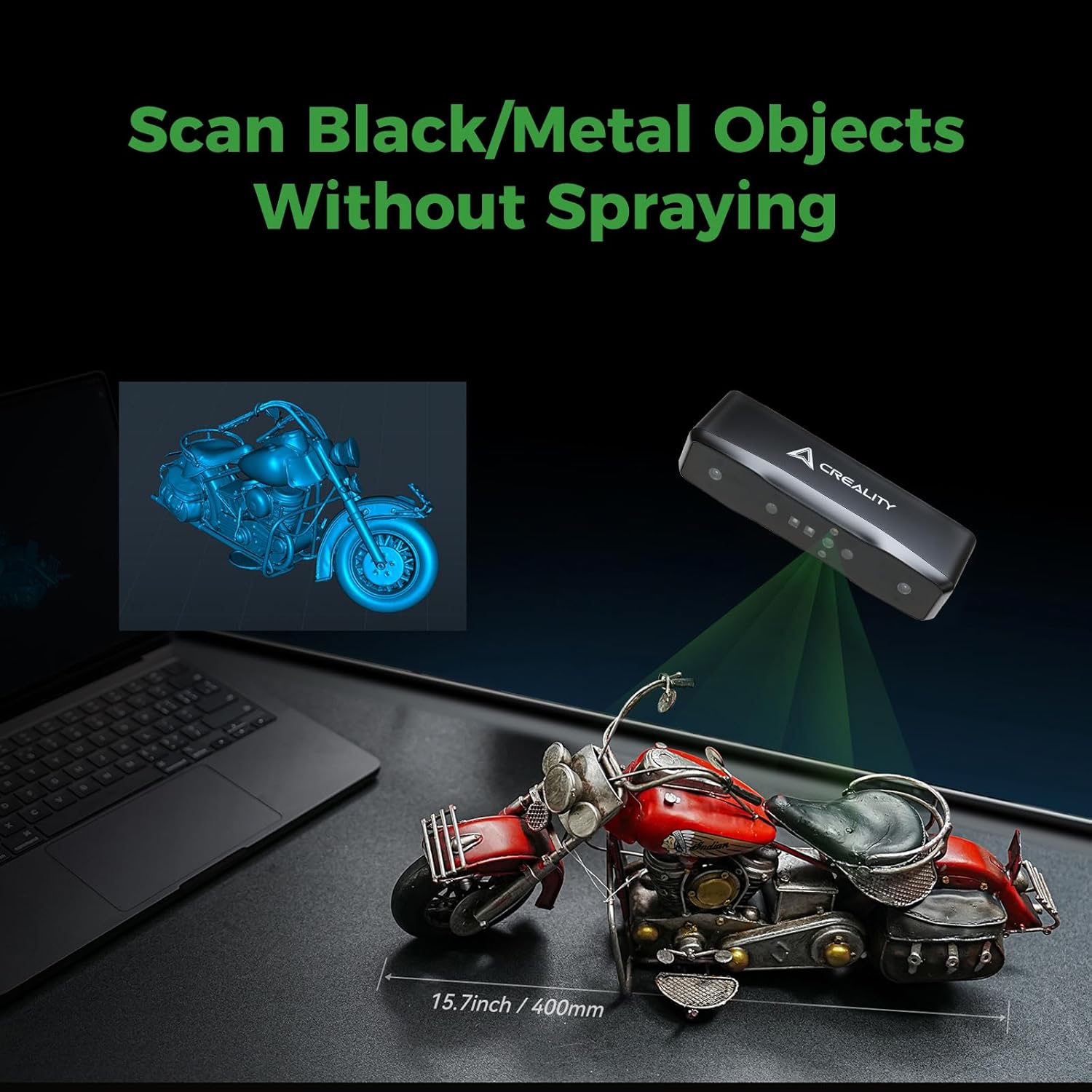 Image showing a detailed, colorful 3D scan of a decorative bird statue, with an inset showing the scanner's built-in lights and RGB camera.