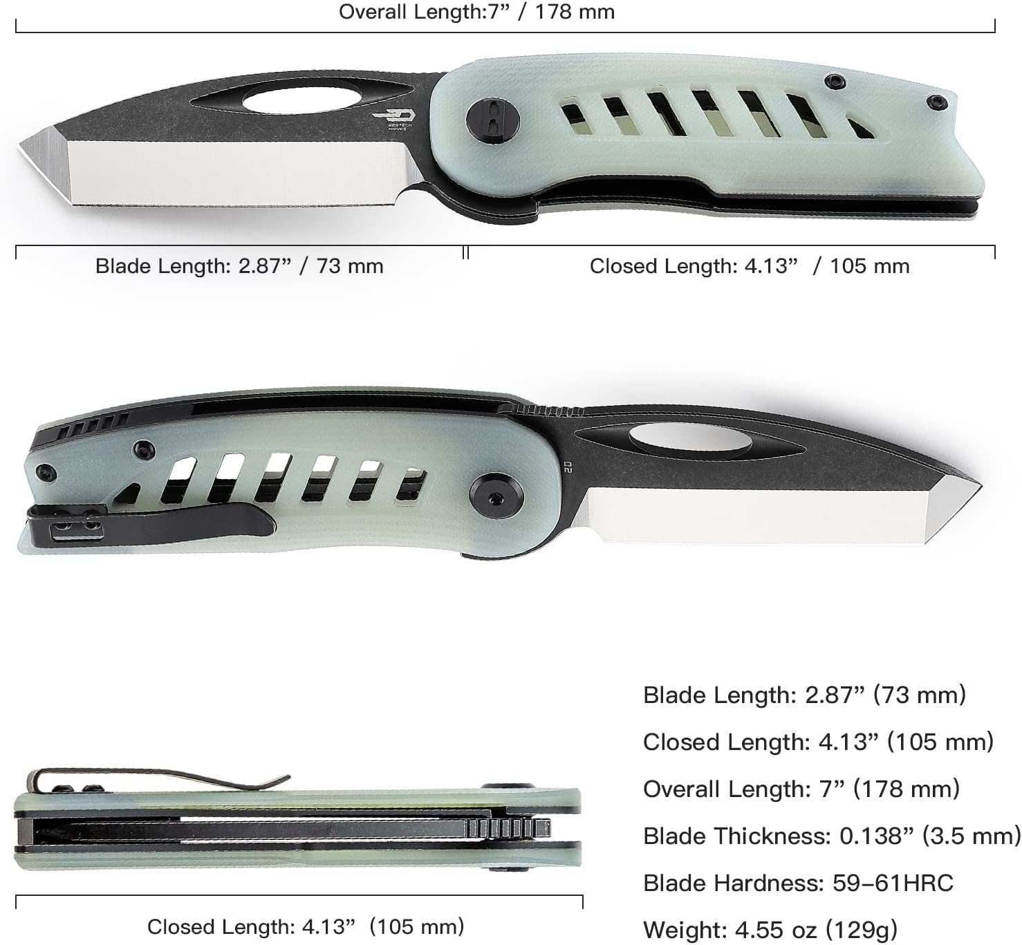 BESTECH KNIVES Pocket Folder Folding Knife: 2.87" D2 Steel Satin+Balck Reverse Tanto Blade, G10 Scales, Flipper, Liner Lock, EDC Steel Clip, BG37C (Translucent)