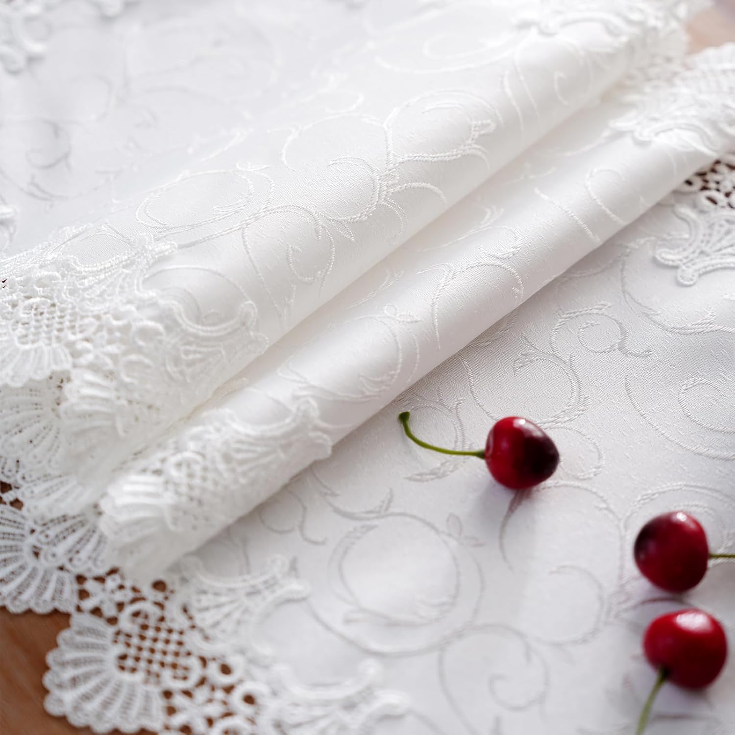Lace Table Runner White Jacquard Dresser Scarf Farmhouse Rustic Runners for Christmas Wedding Coffee Outdoor Indoor Party Holiday Tabletop Use (White, 14 x 120 Inches)