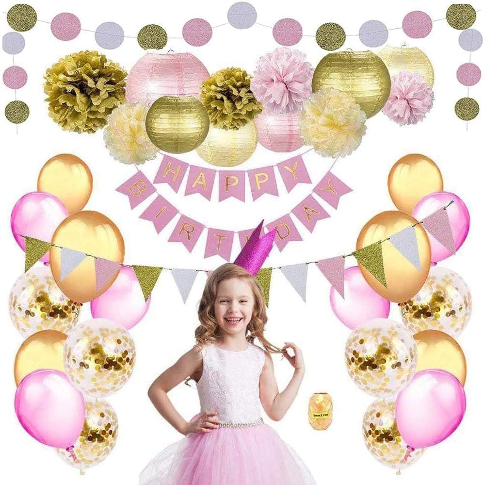 Birthday Party Decorations for Girls & Women by Nextin, 48pc Pink Gold Party Decorations kit Includes Pom Poms, Lanterns, Happy Birthday Banner, Glitter Garlands, Balloons, Confetti Balloons