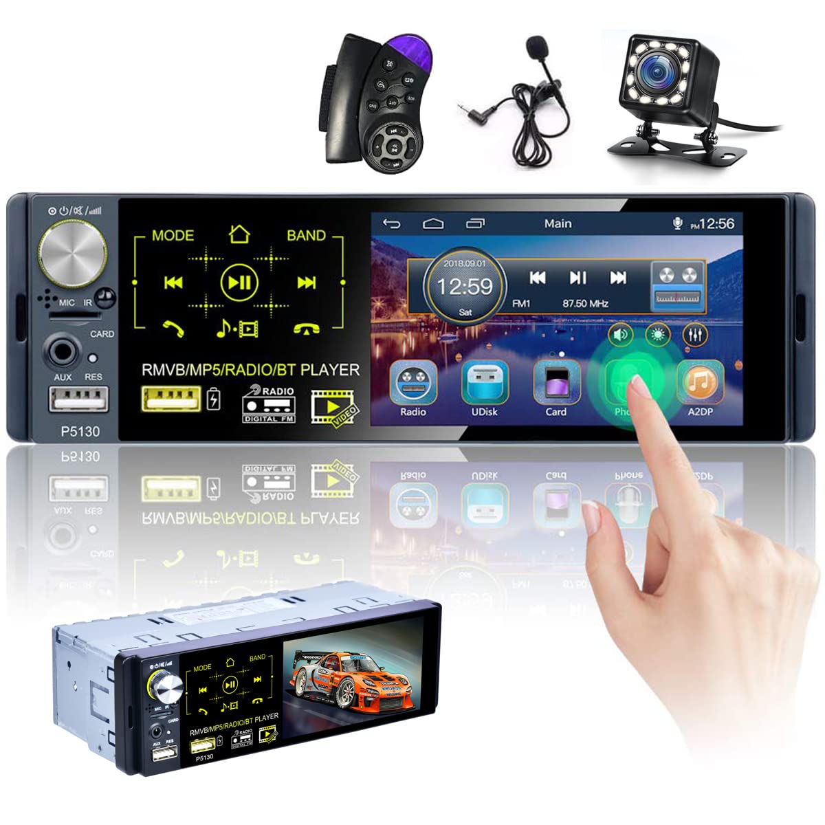 Hikity 4.1" 1 DIN Autoradio con Bluetooth FM RDS | Touchscreen Retrocamera Comandi al Volante Vivavoce USB AUX Scheda TF