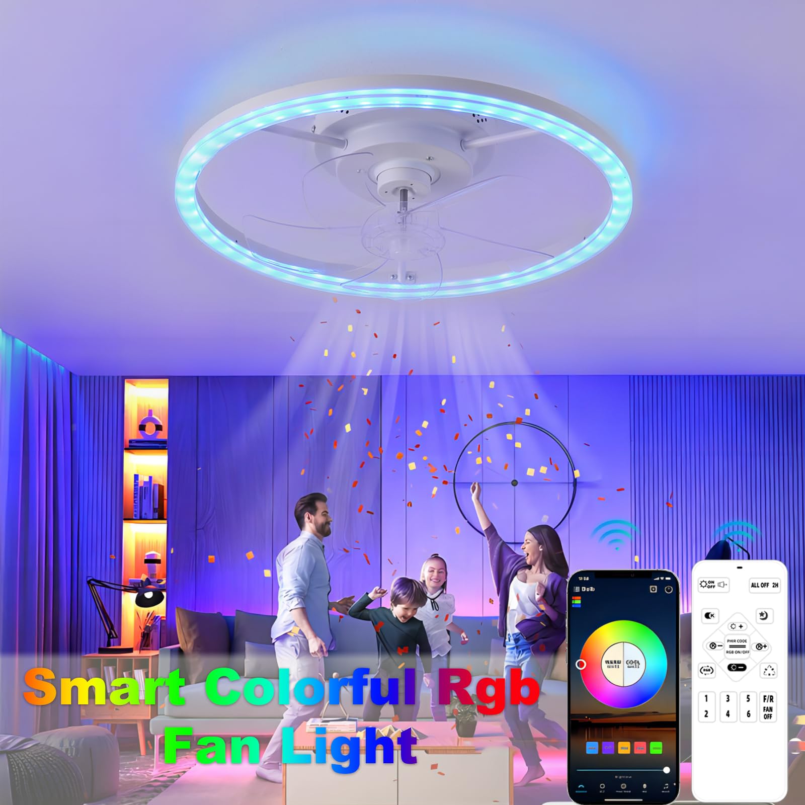 Plafoniera con Ventilatore, Lampada con Ventilatore e Controllo remoto Tramite App, 3 Colori LED dimmerabili, RGB Moderno, 6 velocità di Ventilazione, Timer per Camera da Letto e Soggiorno.