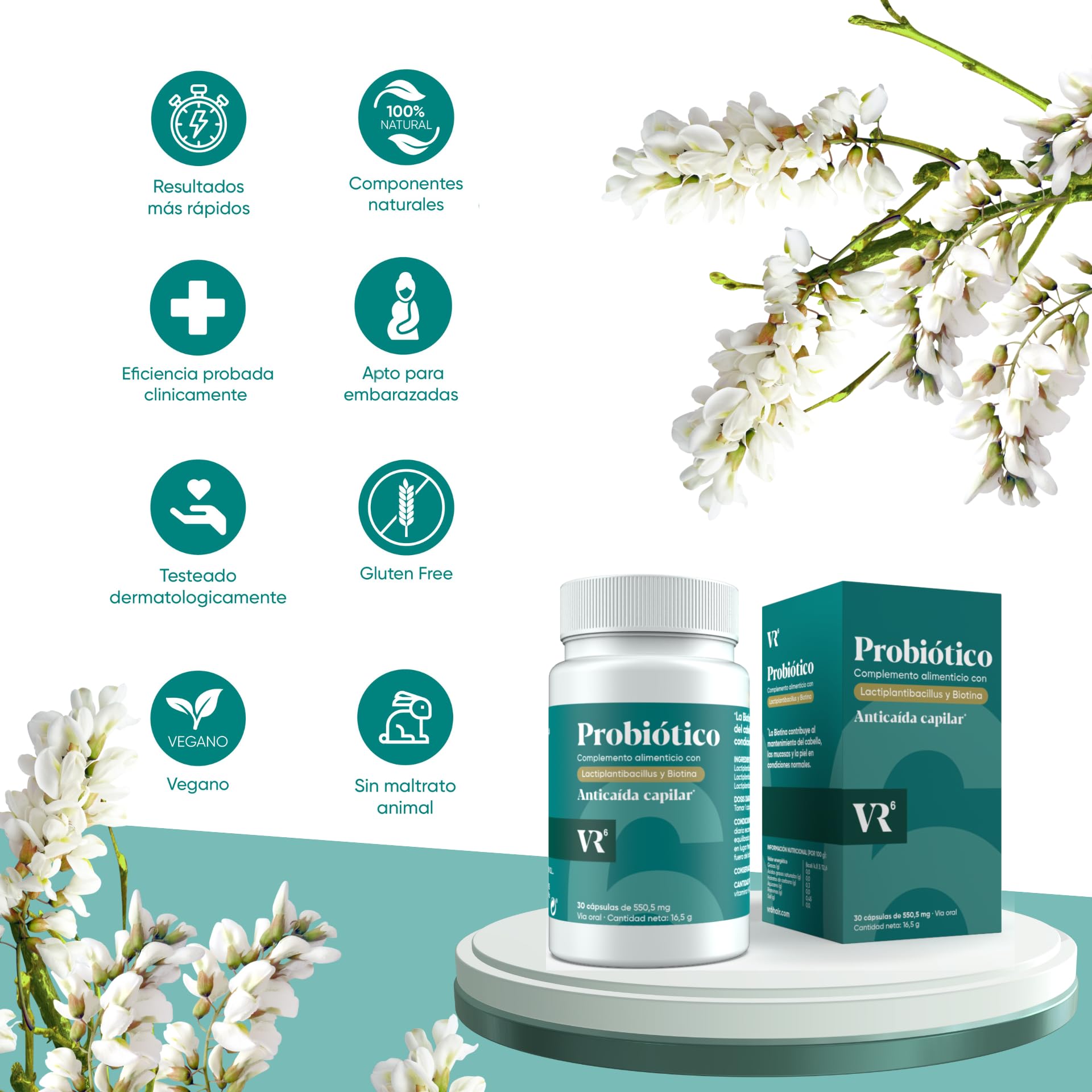 VR6 - Probiótico Anticaida Capilar con Biotina para el Cabello. Estimula el Crecimiento del Pelo y Mejorar la Disbiosis Intestinal. Vitaminas para el Cabello Piel y Uñas Mujeres y Hombres 45 und
