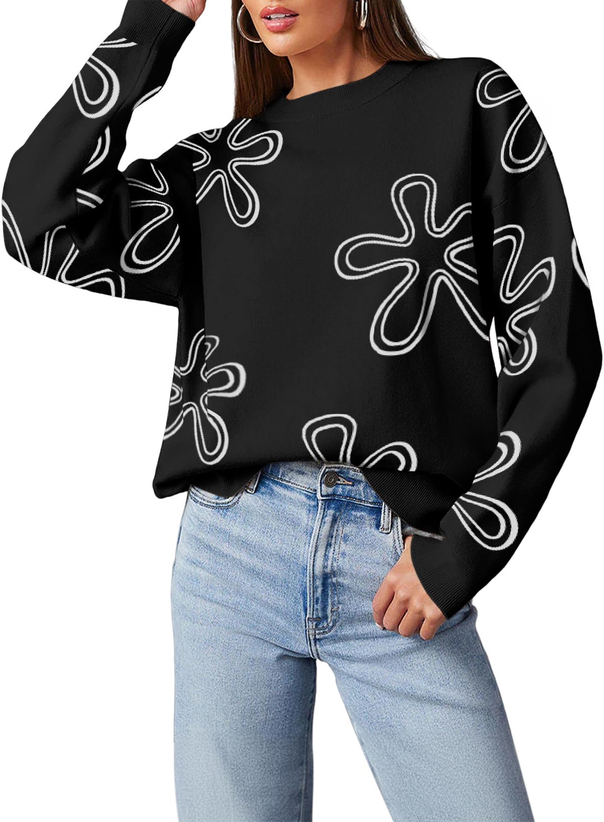Dokotoo Floral Print Cable Knit Pullover