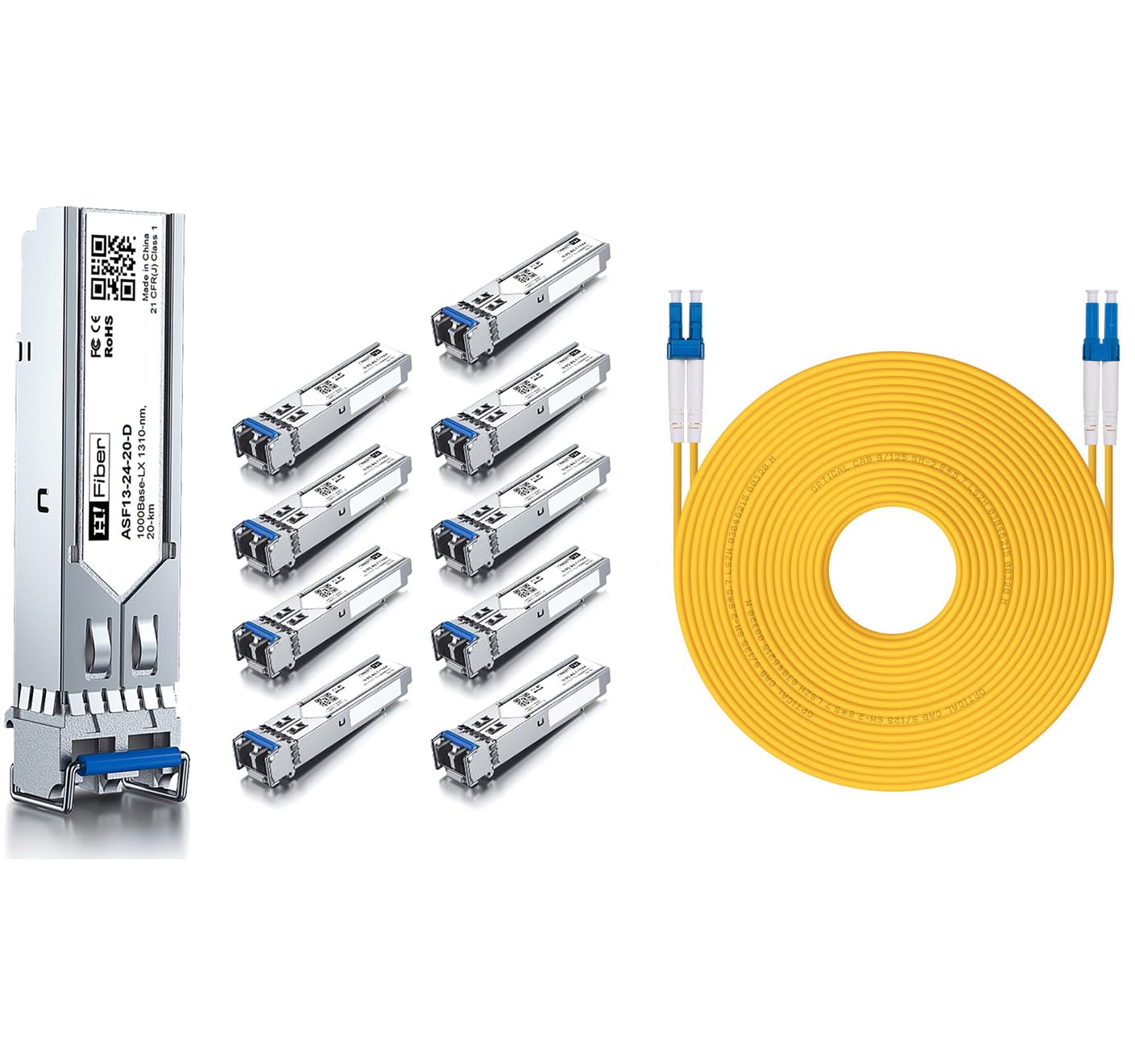 10 Pack 1G Single Mode SFP LC Module with 50m OS2 LC to LC Fiber Patch Cable, 1000Base-LX SFP Fiber Transceiver, SMF 1310nm, 20km, DDM, Compatible with Cisco
