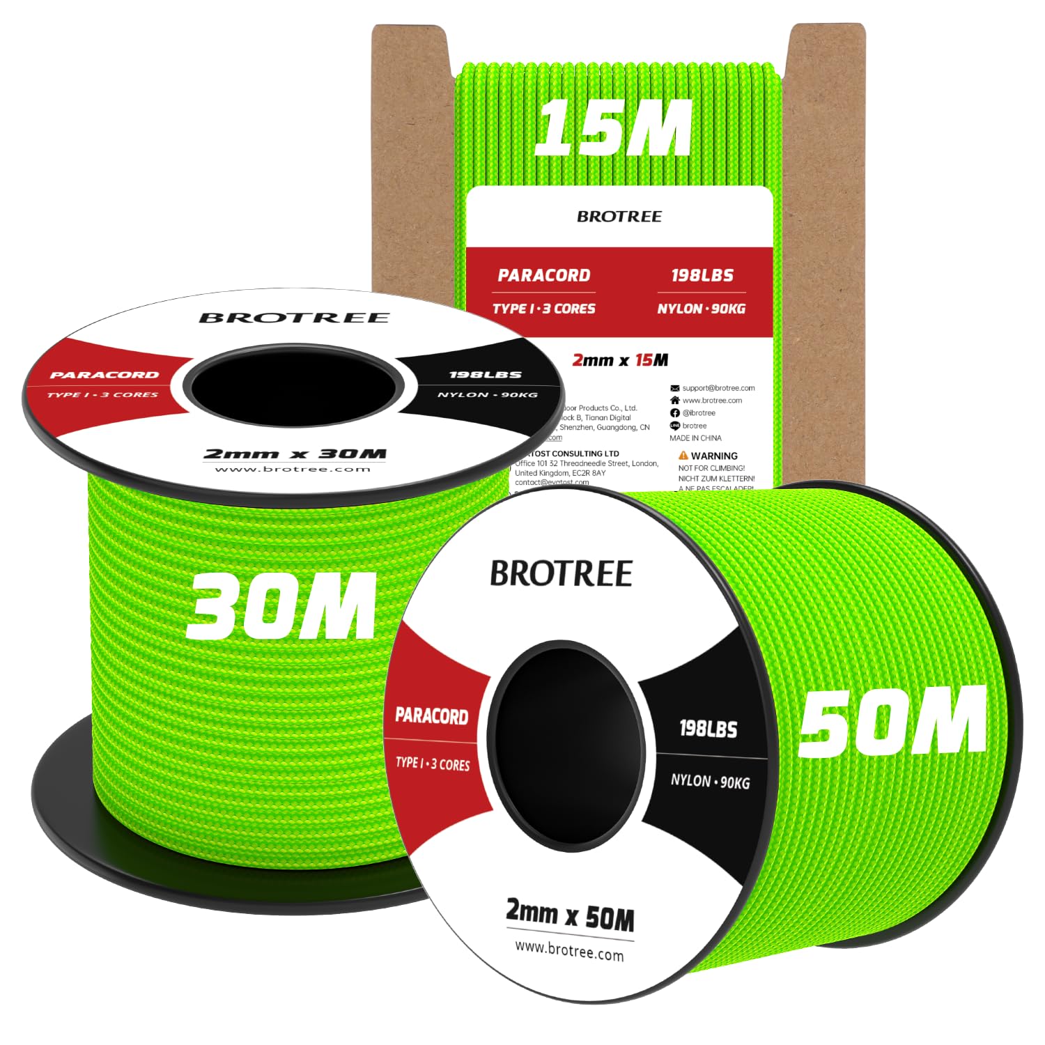 Brotree 2mm Paracord 3 Strands 15M 100% Nylon Rope Parachute Cord for Outdoor, Craft, DIY - 90kg Breaking Load (Neon Green)