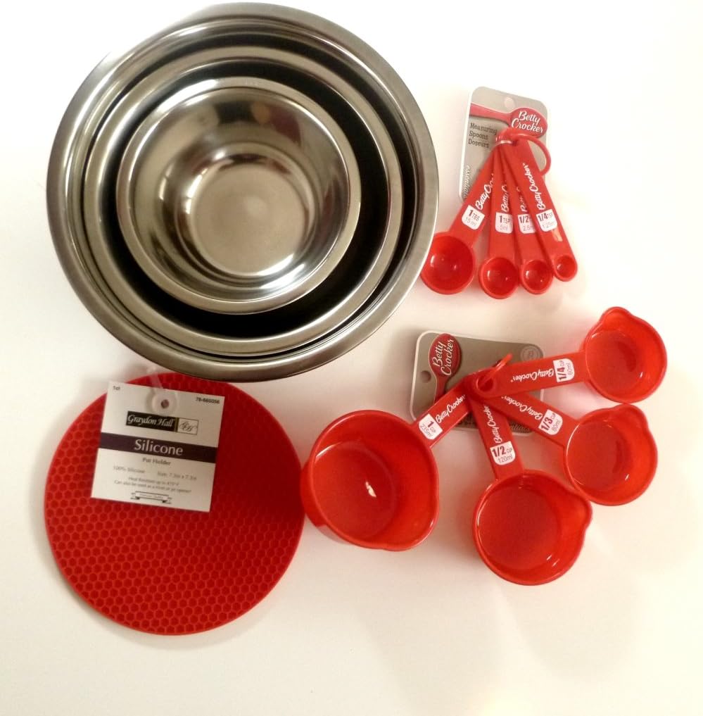 3 pc. Prep Bowl Set Bundled with Silicone Hot Pad / Betty Crocker Measuring Cups and Measuring Spoons