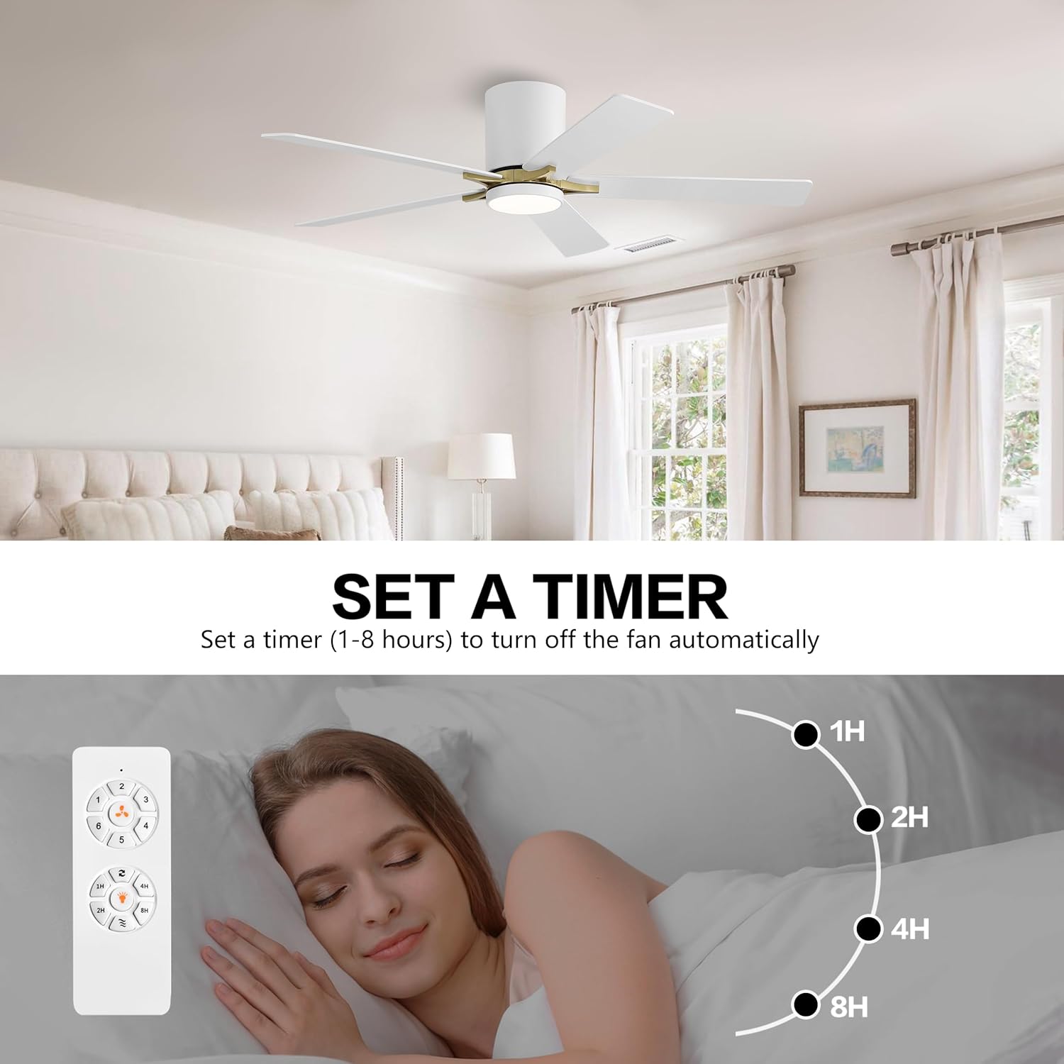 WINGBO 52" DC Flush Mount Ceiling Fan with Lights, 5 Plywood Blades, 6-Speed Reversible DC Motor, 3CCT, Low Profile Hugger Ceiling Fan for Living Room Bedroom Kitchen, White and Brass
