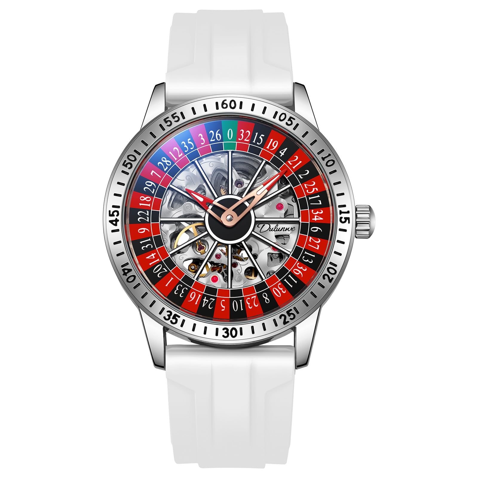 Mens Gambling Automatic Mechanical Skeleton Hollow Waterproof Luminous Watch Stainless Steel Band Self Winding Roulette Wheel Business Casual Wristwatch