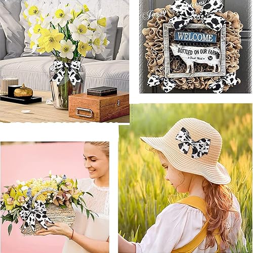 Miniatura 3 de Cinta de arpillera con borde con alambre con estampado de vaca, de 5 yardas, cinta de envoltura de regalo, cinta de tela negra y blanca para