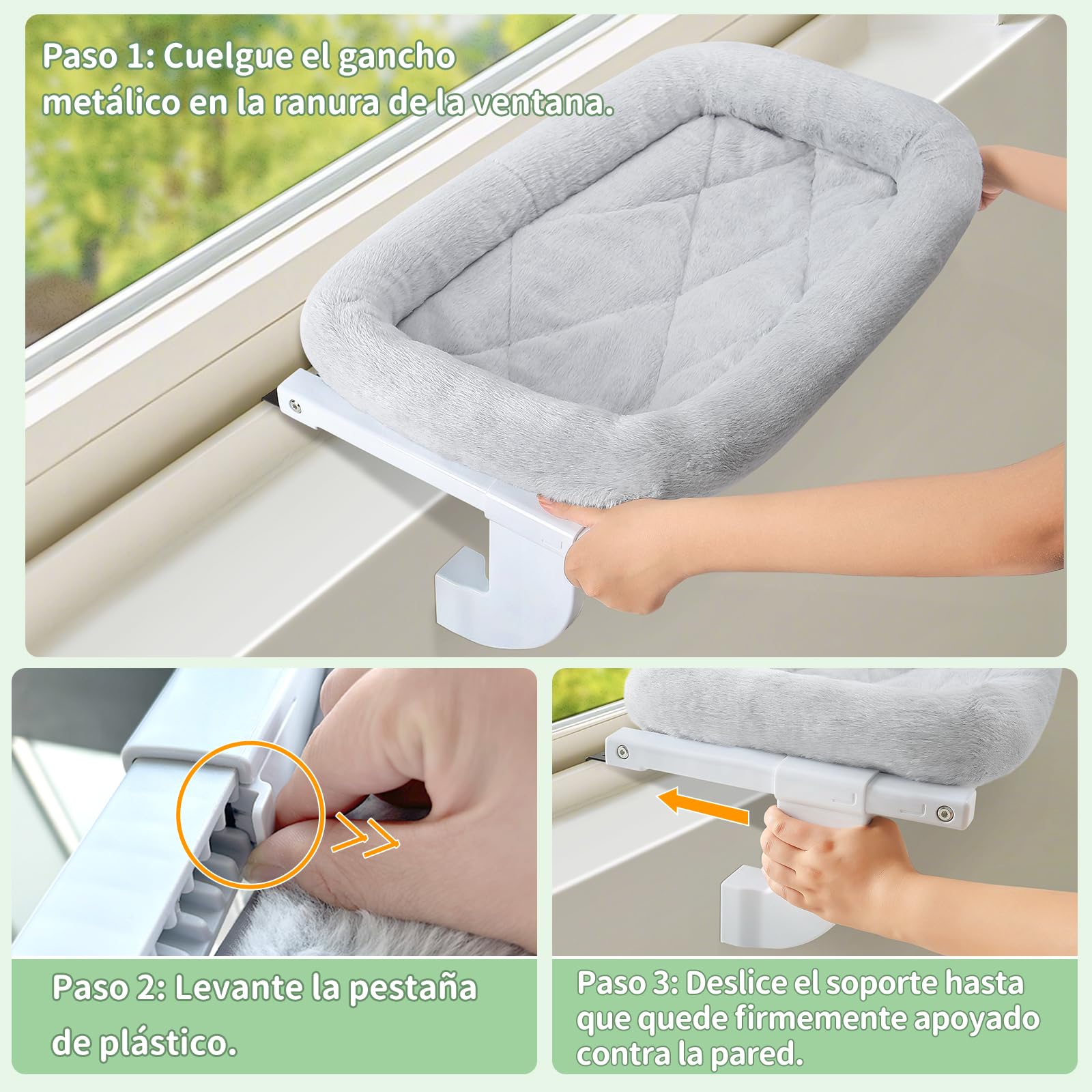 GUUSII HOME Hamaca Cama Gato Ventana para Gatos Camita Amaca Colgante Interior Gatito Grande Ajustable Sin Taladros ni Ventosas Fácil de Montar y Mover Soporta hasta 18kg(Gris,M)